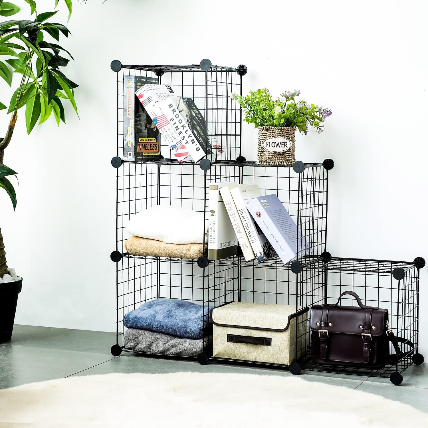 BASTUO Wire Cube Storage Cabinet, 6 Cubes DIY Metal Organizer, Stackable Bookcase Shelf Modular Cube Organizer Rack, Wardrobe Closet for Livingroom, Bedroom, Office, Black