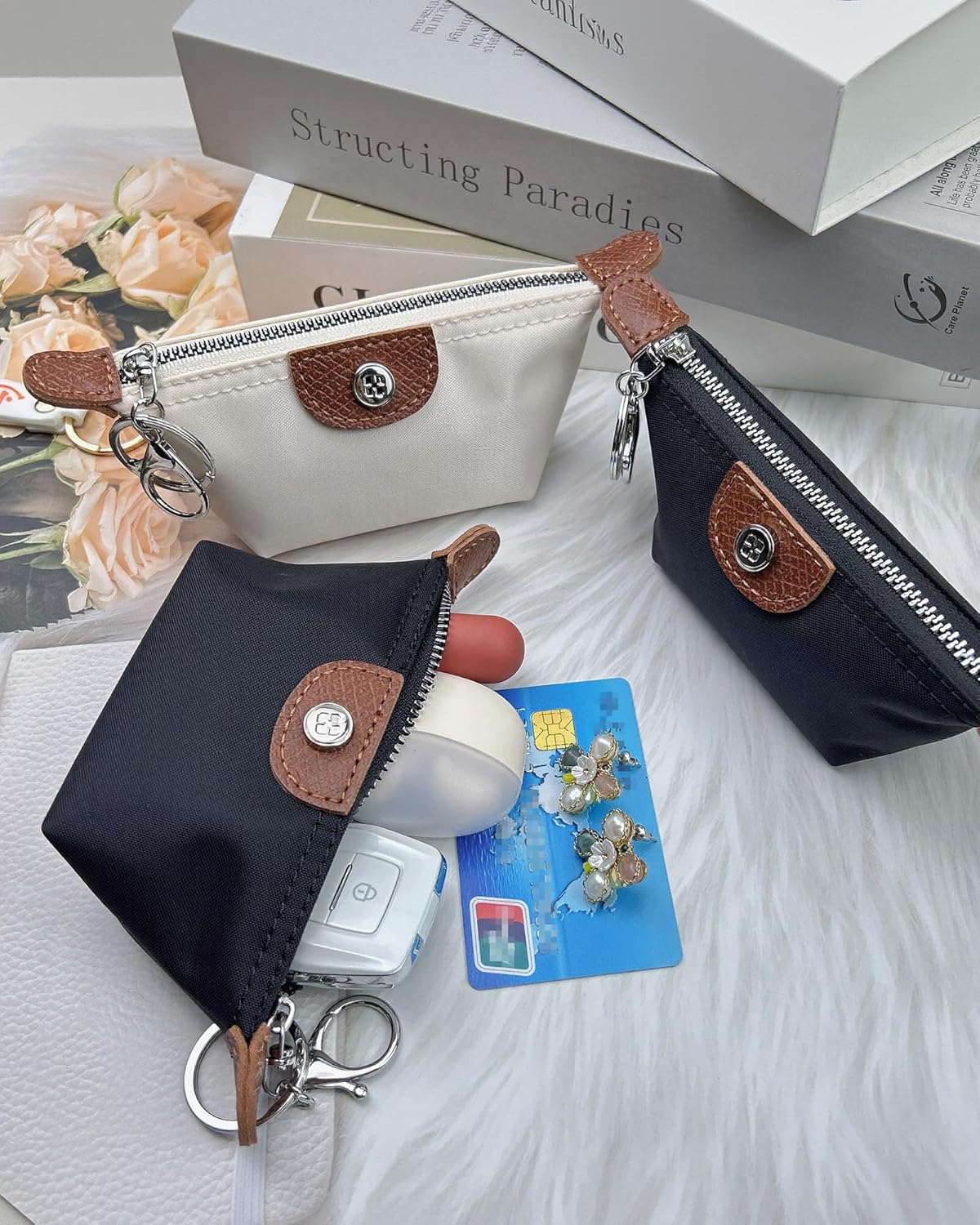 2 pcs Small Nylon Coin Purse for Women Girl Change Pouch Keychain Bag with Zipper Card Data Cable Organizer (White+Black) - Image 8