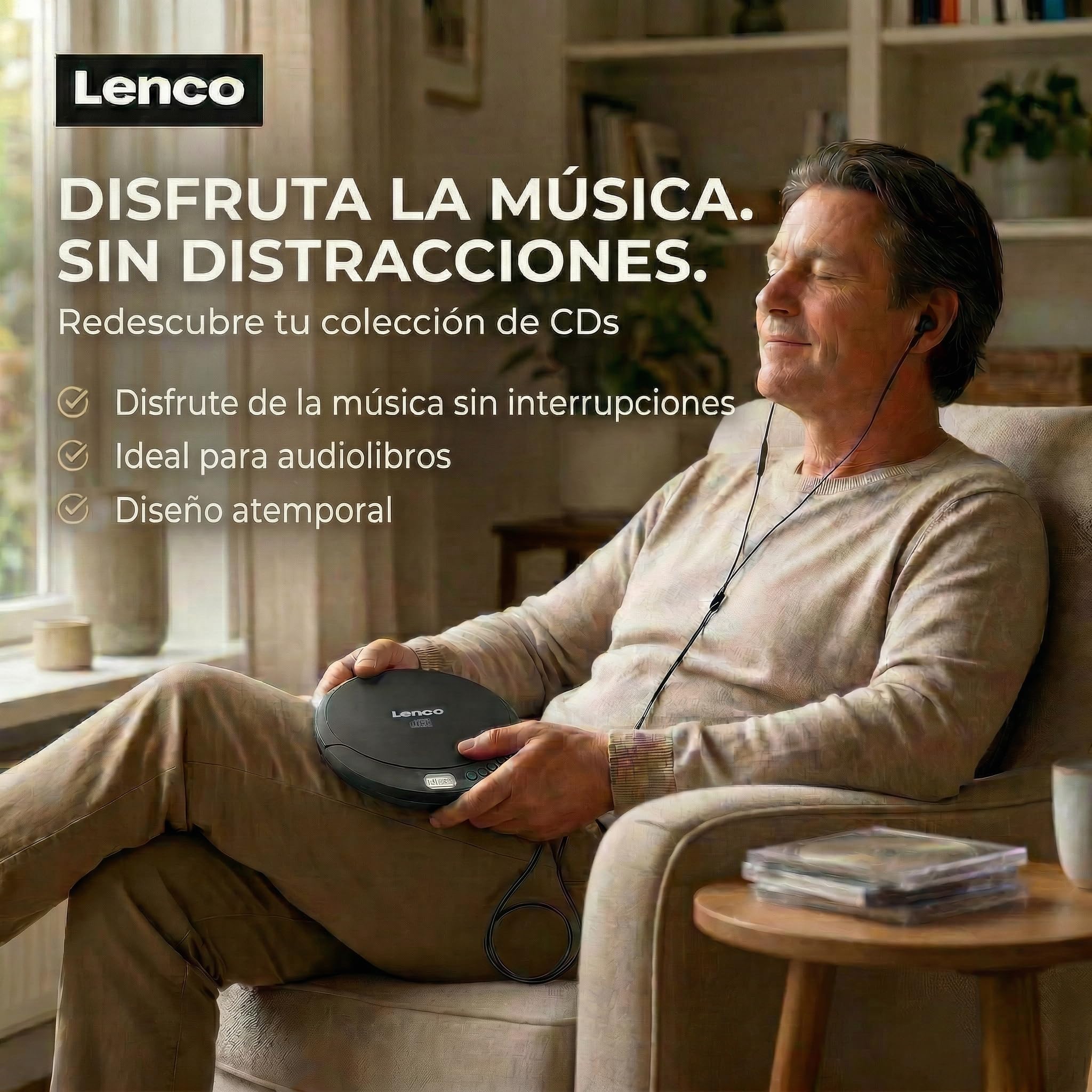 Lenco CD-010 - Reproductor de CD portátil Walkman - Diskman - CD Walkman - Con auriculares y cable de carga micro USB - Negro [Clase A de eficiencia energética]