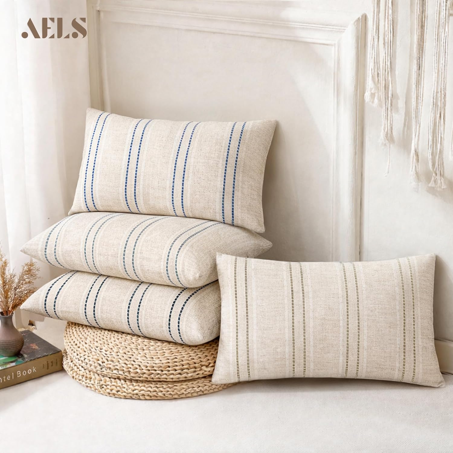 AELS 12x20 Decorative Farmhouse Linen Blend Throw Pillow Covers, Boho Textured Pillow Case, Set of 2, Beige with White & Brown Stitch Yarn Dyed Stripe Cushion Cover for Sofa Living Room (Cover ONLY) - Image 7