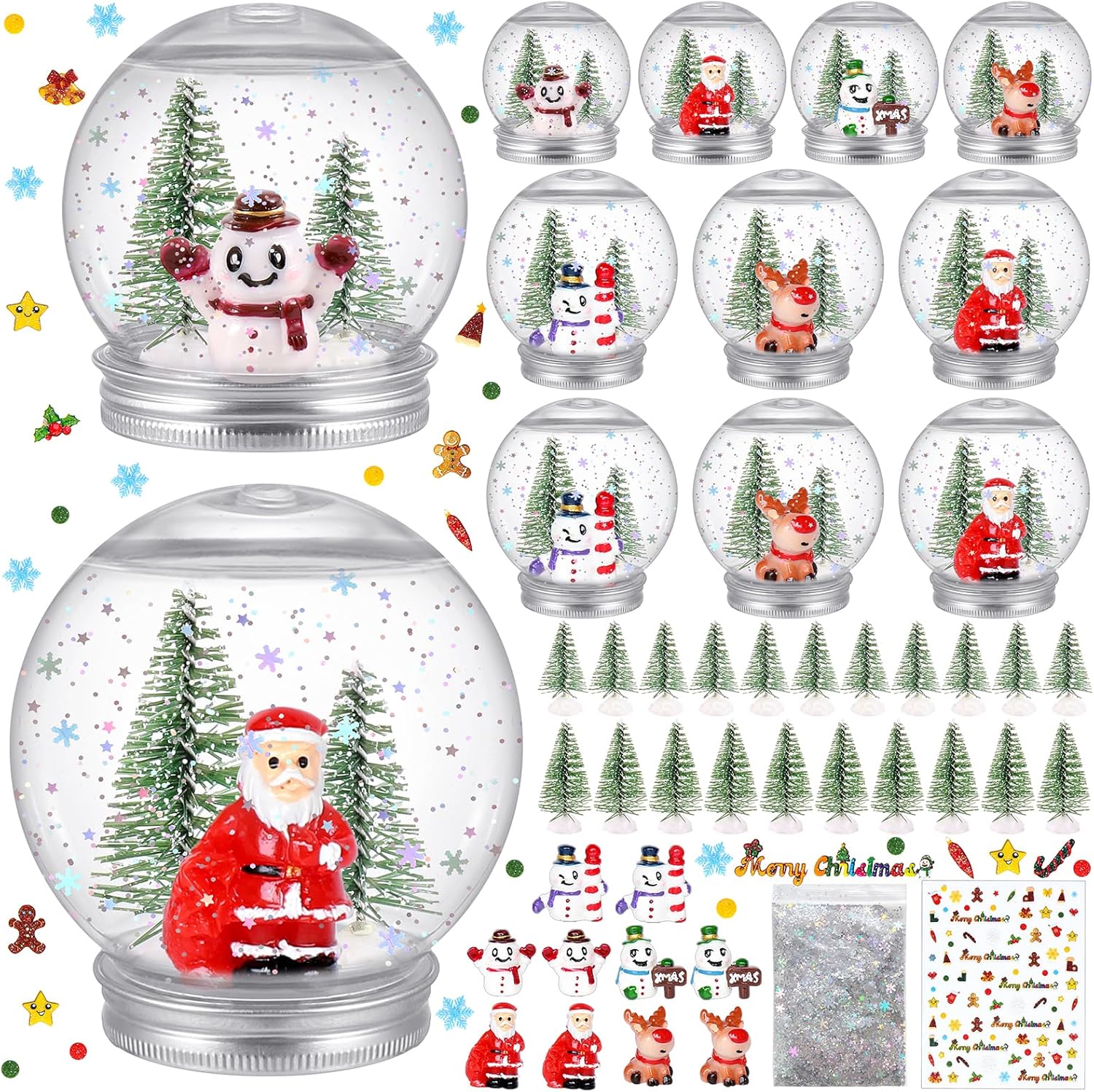 10 Pack Christmas Plastic Snow Globes Kit Includes 10 Clear Snow Globe, 20 Mini Xmas Trees, 10 Christmas fillable Ornaments, 1 Christmas Sticker with Artificial Snow for DIY Crafts Home Winter Decor