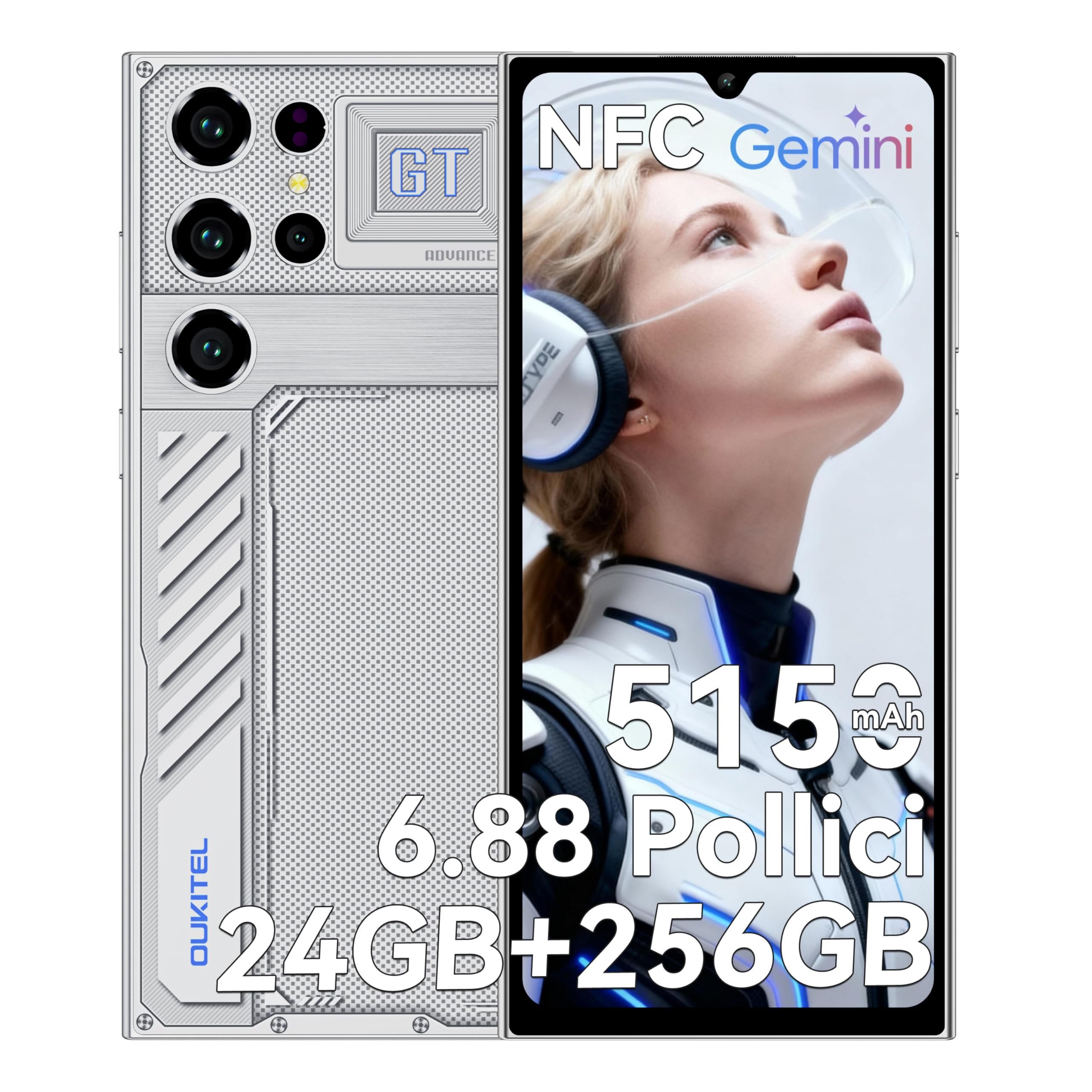 OUKITEL C61 GT Smartphone Android, 24GB RAM+256GB ROM Telefono, Display 6,88" HD+ 90Hz Cellulare 5150mAh, 13MP+5MP, 4G Dual SIM Cellulari e Smartphone NFC/Face ID/Impronta/OTG/Argento - 2026