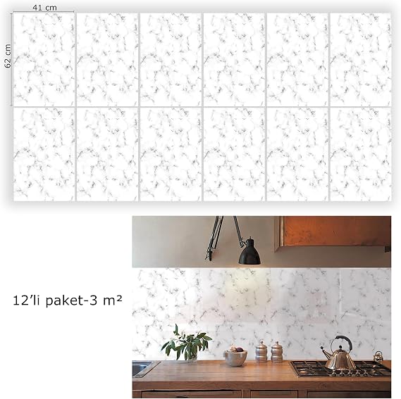 Tink Kendinden Yapışkanlı Yer Zemin Kaplama, Duvar Kaplama, Fayans Çıkartması Granit Mermer Desenli Pvc Panel 41x62 cm (12 Adet / 3 m²)