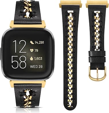 Leather Band Compatible with Fitbit Versa 2/Fitbit Versa/Versa Lite Bands Women, Dressy Premium Leather Designer Strap with Stainless Steel Metal Chain for Versa 2 Smartwatch Accessories