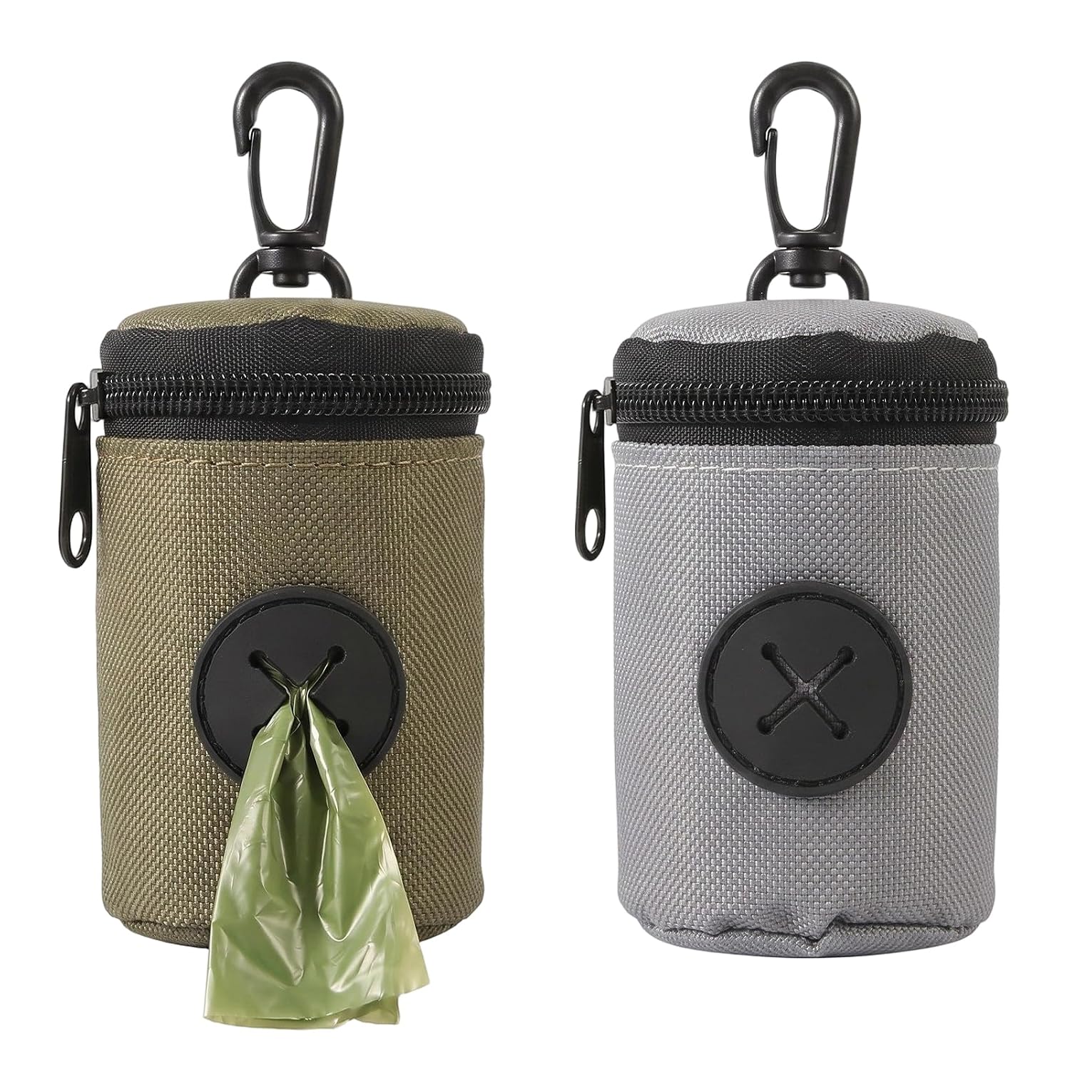 Pack of 2 Soft Fabric Dog Bags Dispenser for Dog Poop with Carabiner for Leash, Universal Bag Holder for Outdoor Walking and Training, Green and Grey