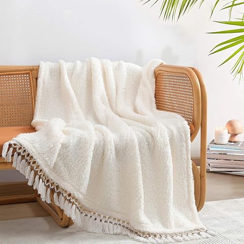 Manta sherpa ultra suave y acogedora, ligera y cálida, manta decorativa con borla, color blanco antiguo sólido, manta reversible estilo bohemio para