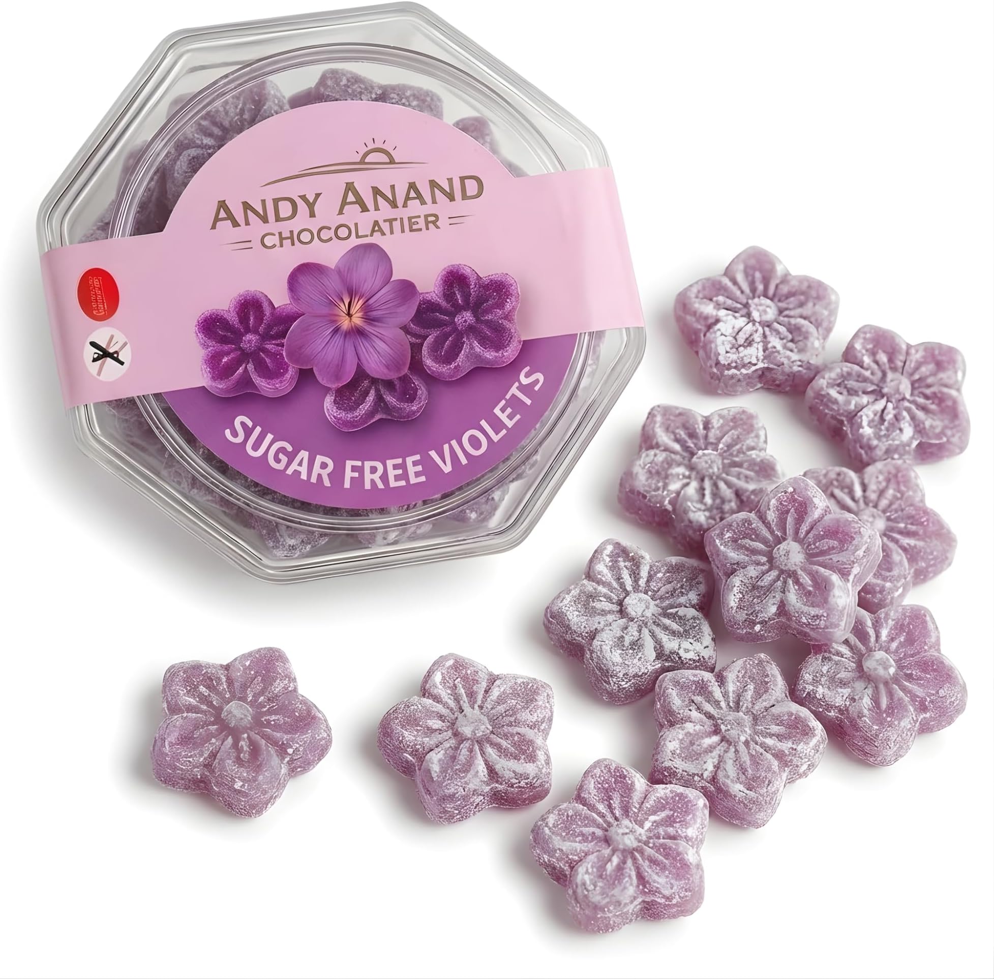ANDY ANAND CHOCOLATIER Sugar Free & Gluten Free Violets Flower Shaped Hard Candy-Naturally Sweetened Candy Gift Box, Diabetic Friendly Zero Sugar Candies with the Essence of Violet (3.5 Oz)
