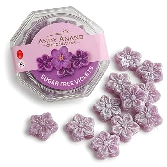 ANDY ANAND CHOCOLATIER Sugar Free & Gluten Free Violets Flower Shaped Hard Candy-Naturally Sweetened Candy Gift Box, Diabetic Friendly Zero Sugar Candies with the Essence of Violet 3.5 Oz