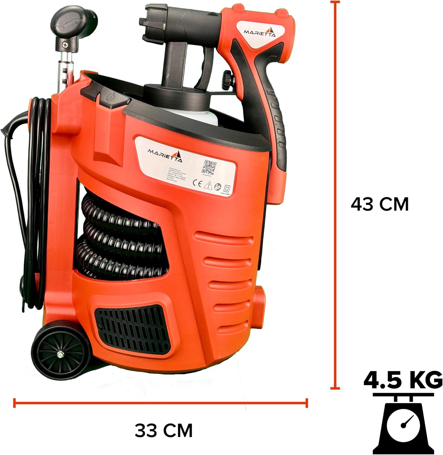 Dimensions of the Marietta paint sprayer: 43 cm height, 33 cm width, and 4.5 kg weight