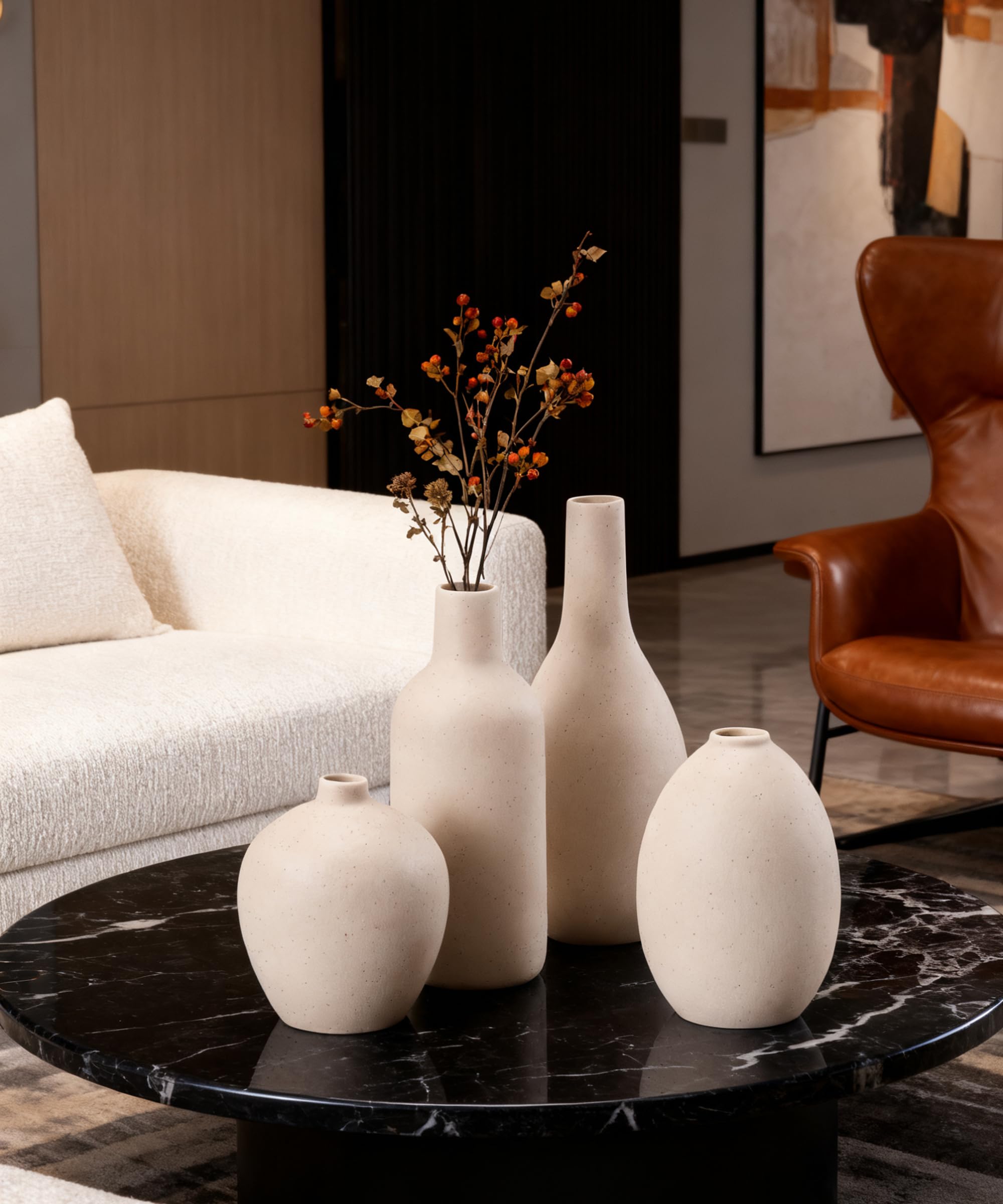 Beige Vasen Keramik 4 Stück, Kleine Blumenvasen Set für Dekor, Minimalistisch Vase Home Decor für Pampas Grass, Wohnzimmer, Esszimmer (09 Beige)
