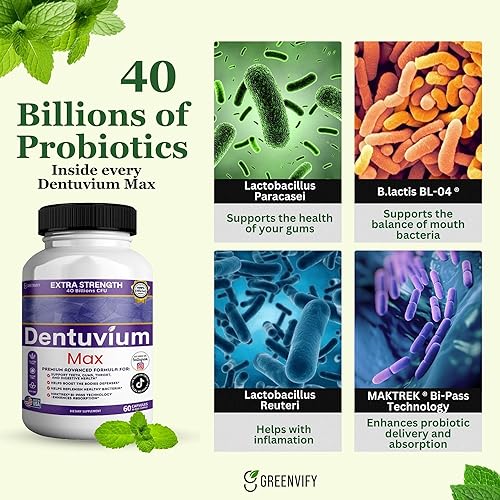 Miniatura 8 de Suplemento probiótico Dentuvium Max, 40 mil millones de UFC, apoya la salud digestiva de los dientes, encías, garganta, sin gluten, sin azúcar, sin
