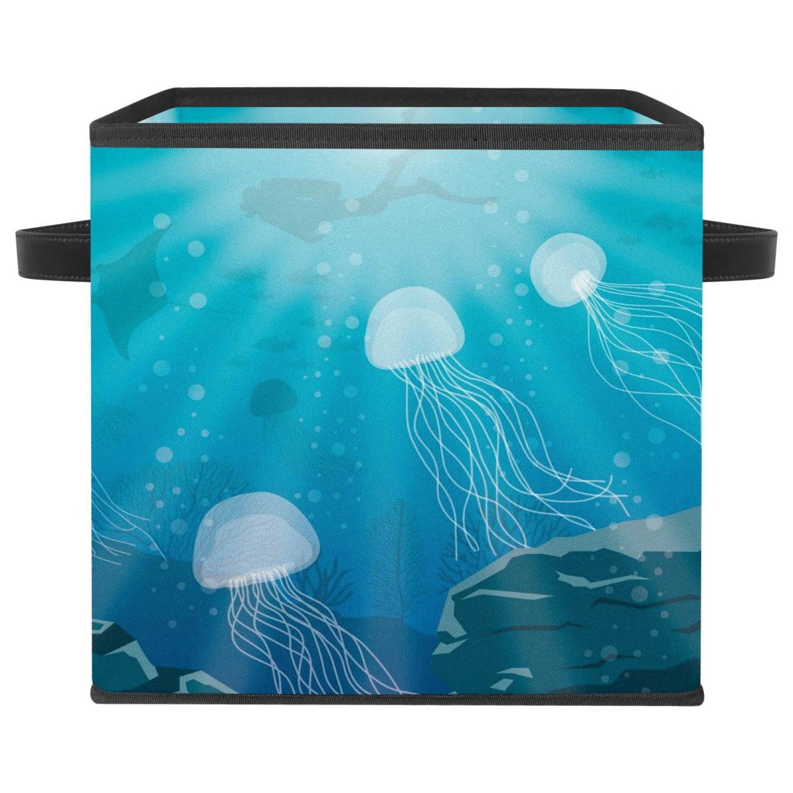 Boîte de rangement pliable bleu mer en tissu motif méduse pour placard