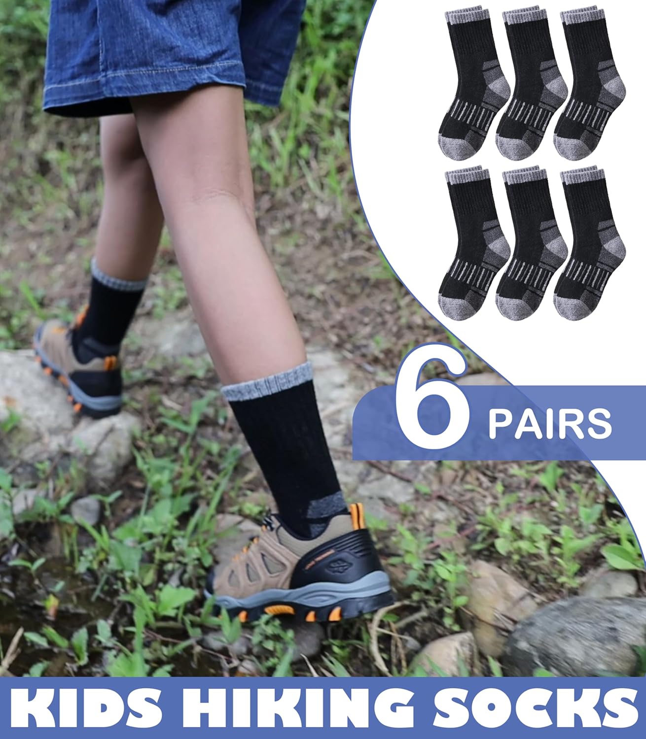 LINEMIN Kids Merino Wool Hiking Socks Toddlers Boys Girls Winter Warm Thick Thermal Boot Cushion Crew Socks 6 Pairs - Image 5