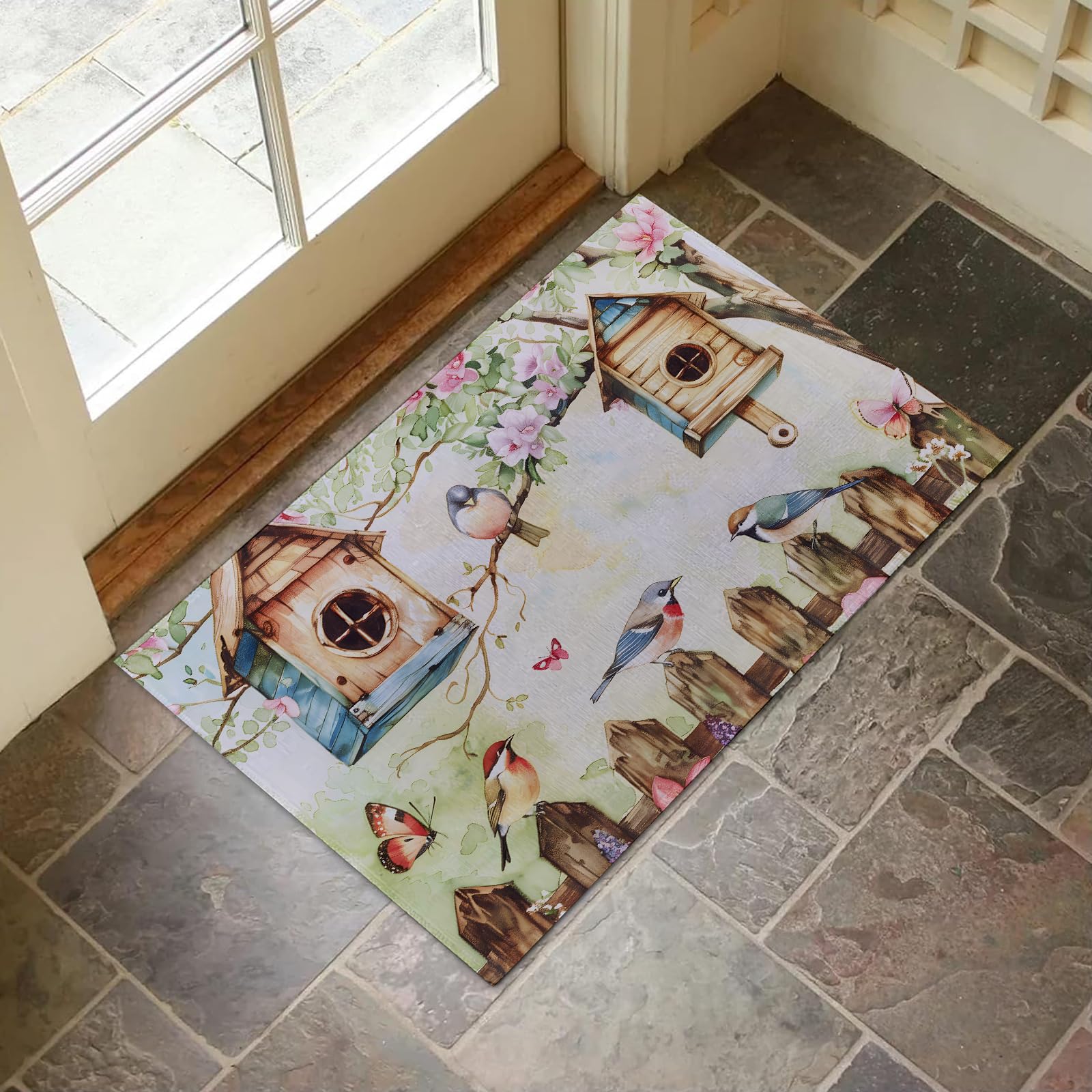 VANZEV Birdhouse Garden Indoor Door Mat for Entryway, 17x29.5 Inch, Colorful Birds and Blossoms Floor Doormat for Home Decor, Non-Slip Rug Mat for