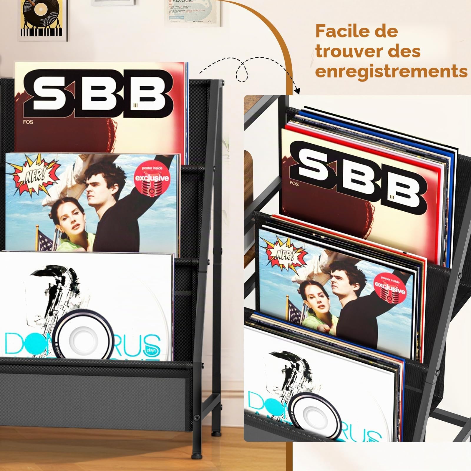 Support pour tourne-disques, table d'appoint à 3 niveaux, rangement de disques vinyles jusqu'à 200 albums, 123 x 30 x 73 cm, support de table tournante pour l'affichage et le rangement dans