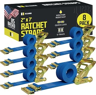 E Track Ratchet Straps Cargo Tie-Downs, (Pack of 8) 2 x 7 Heavy Duty Blue Tie-Down Rachet Straps, Strong Ratchet Strap, E Track Spring Fittings, Tie Down Motorcycle
