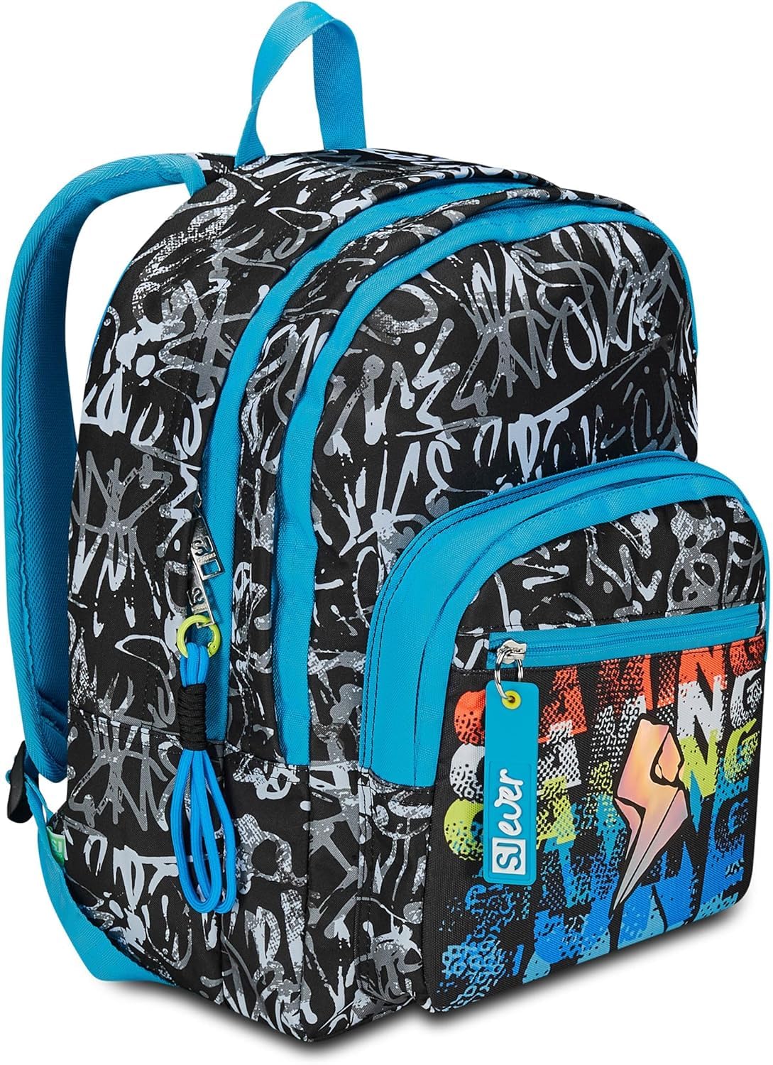 SJ Ever Set Zaino Scuola con Astuccio, Nero e Azzurro, Design Graffiti, Doppio Scomparto con Tasca Porta Borraccia, Astuccio 3 Zip Completo