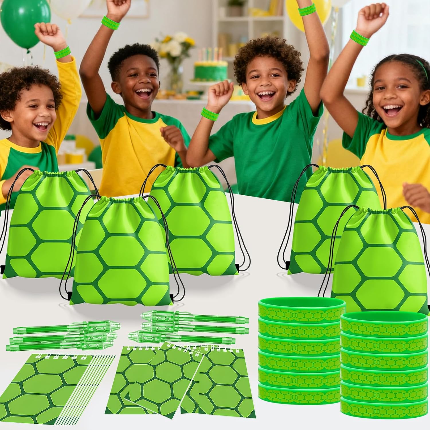 Green Turtles Party Favors, Ninja Theme Birthday Party Supplies & Goodie Bags for Kids, Include Drawstring Bags Notebook Silicone Bracelet Highlighter for Gifts Fillers - Image 5