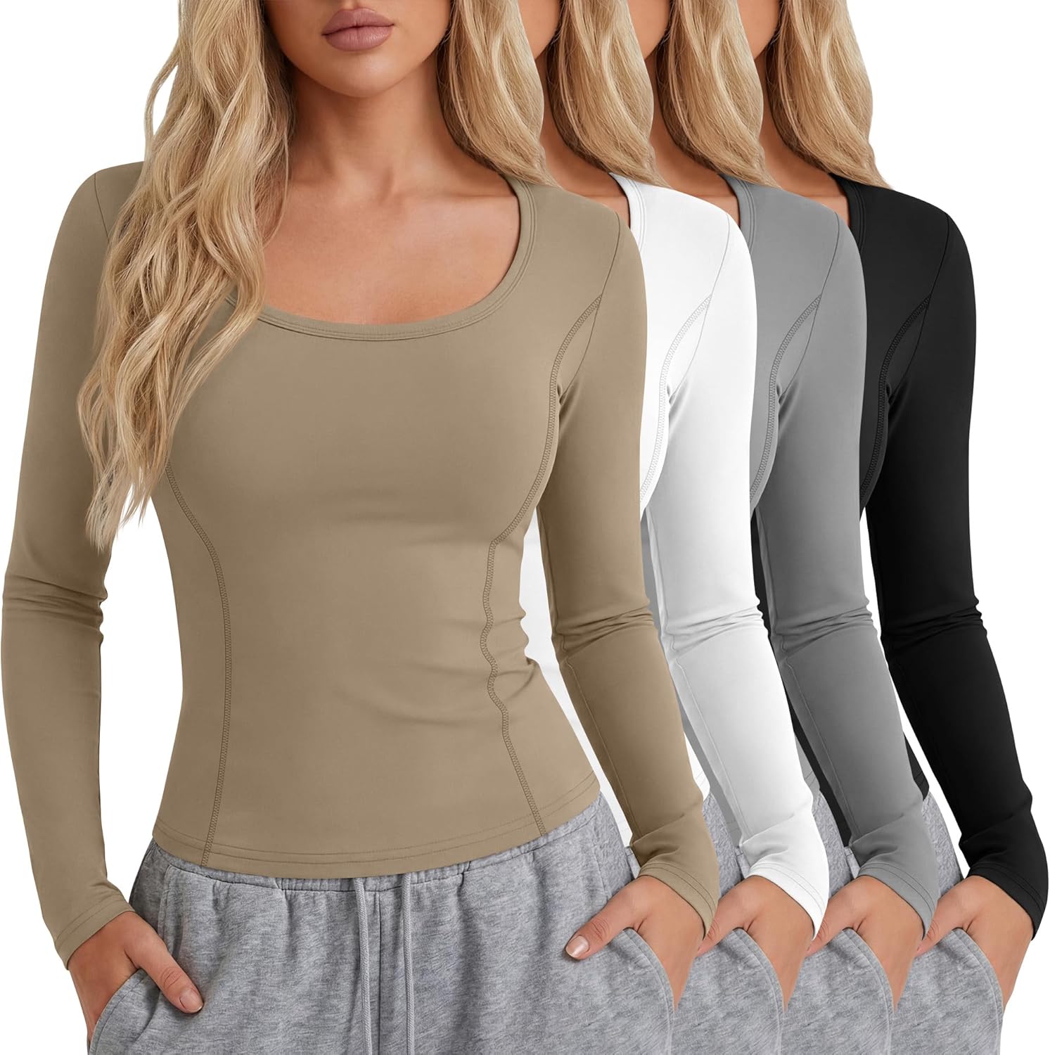 4 Pack Women's Seamless Workout Tops Scoop Neck Long Sleeve Compression Shirts Breathable Yoga Athletic Tight Shirt