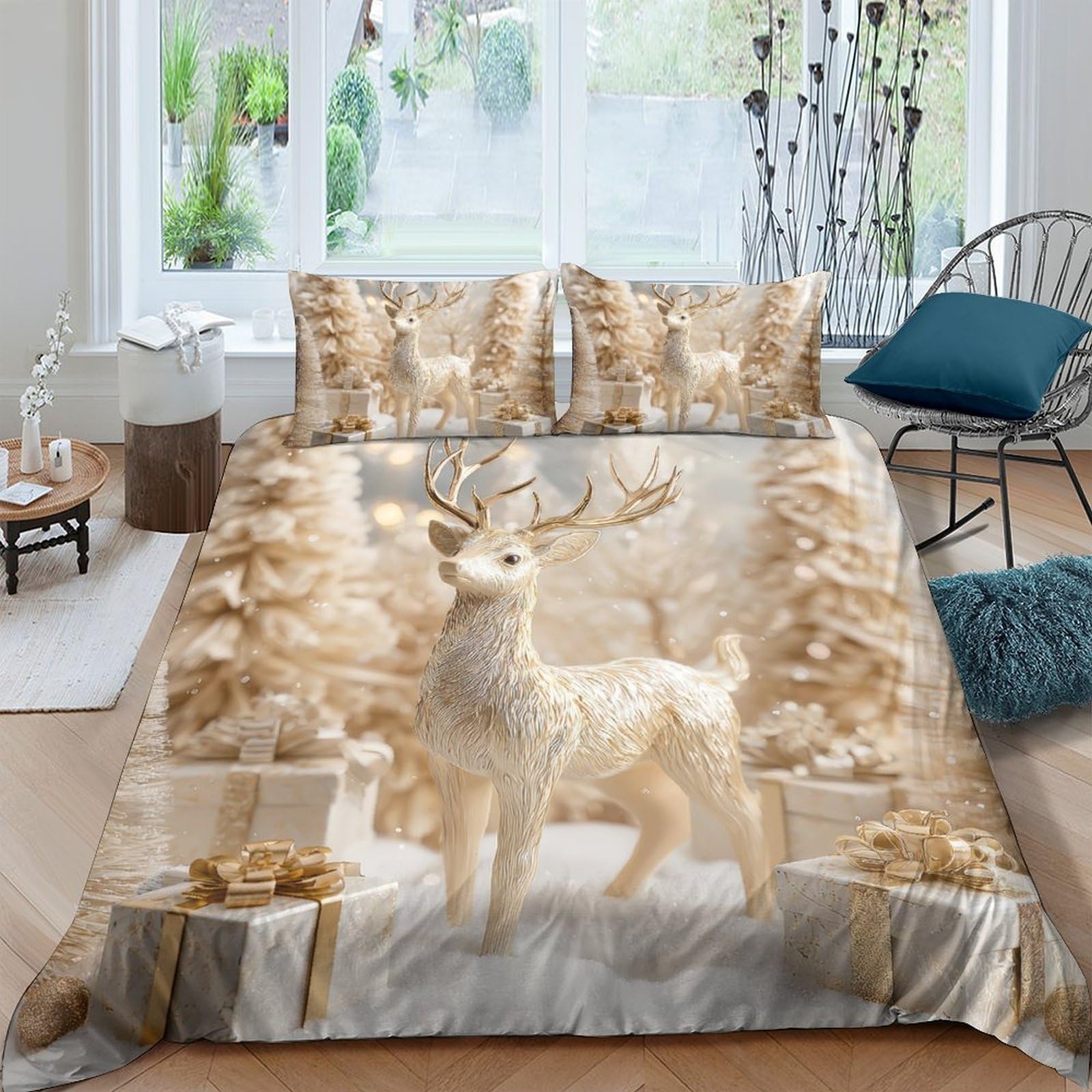 Ctjqhvkz Style-8 3D Printed Golden Reindeer Fitted Sheet Microfiber Forest Snow Bed Cover For Bedroom Guest Room Mattress Protection Decor Single（135X200cm）