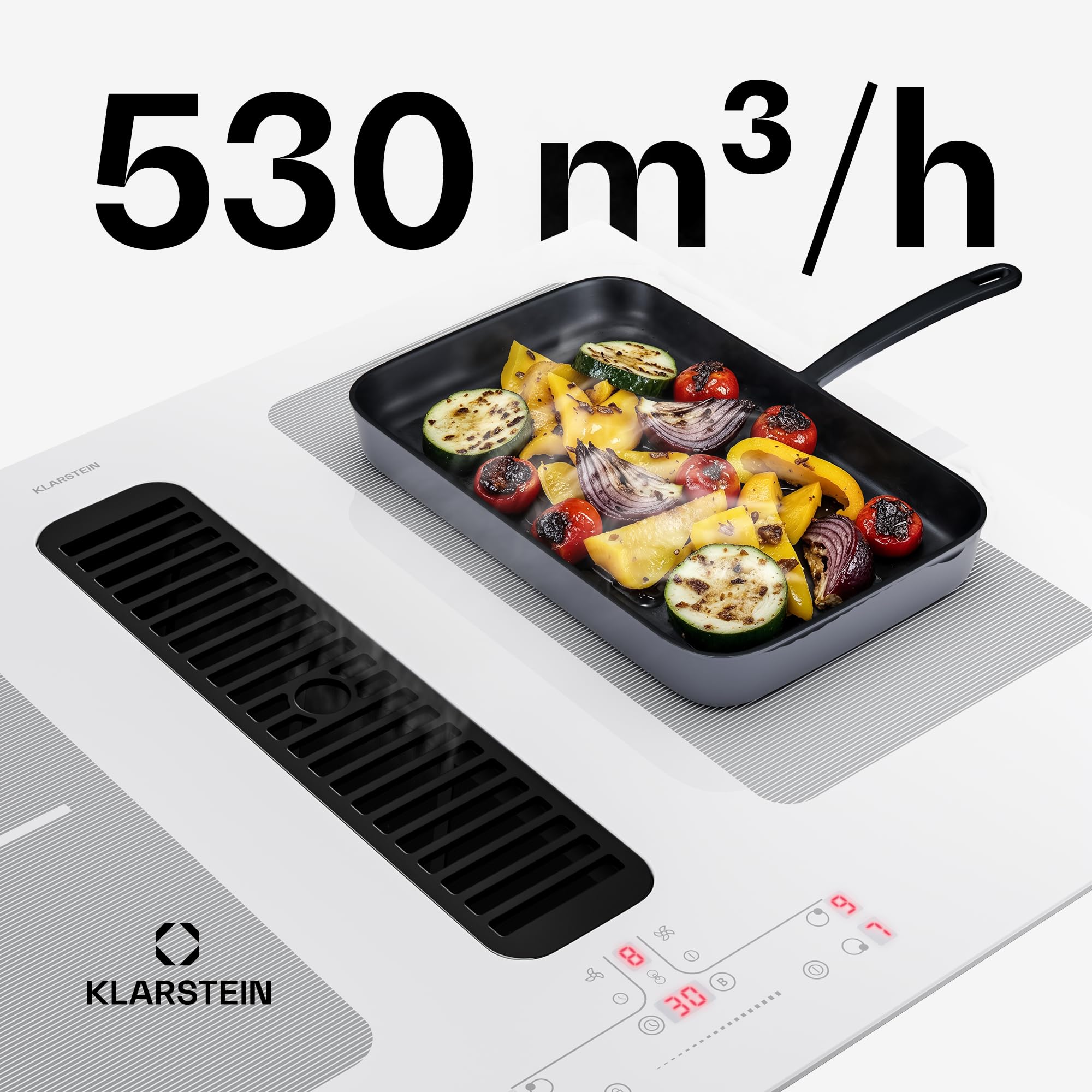 Klarstein Full House Plaque Induction Avec Hotte Intégrée - 4 Zones, 7335W Boost, Commande Tactile, Zones Flexibles, Minuterie, Sécurité Enfants, Vitrocéramique 70cm, Plaque Aspirante, White