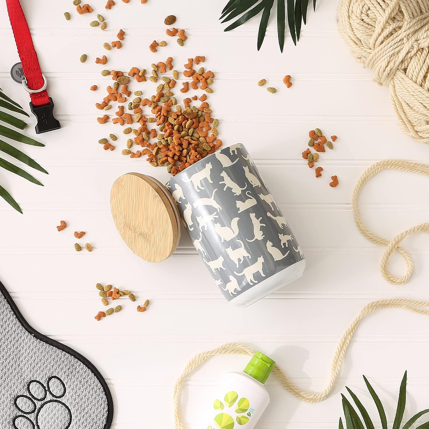 Bone Dry Ceramic Treat Jar for Cats and Dogs, Bamboo Lid, Dishwasher Safe Canister, 4x6.5", Gray, Cat Treats