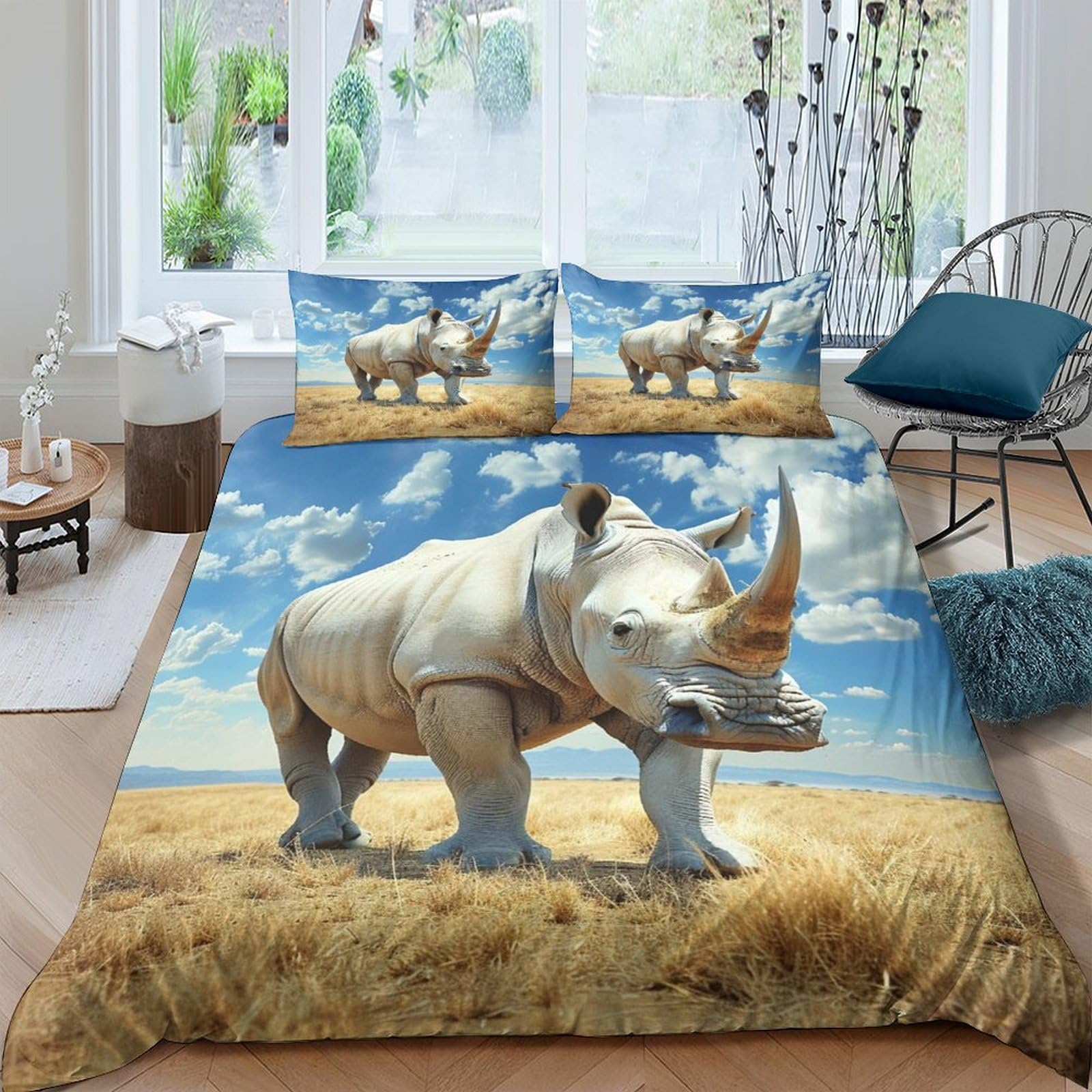 Ctjqhvkz Style-4 3D Printed Rhino Savannah Fitted Sheet Microfiber Soft Breathable Wildlife Bed Cover For Bedroom Dorm Mattress Decor Single（135X200cm）