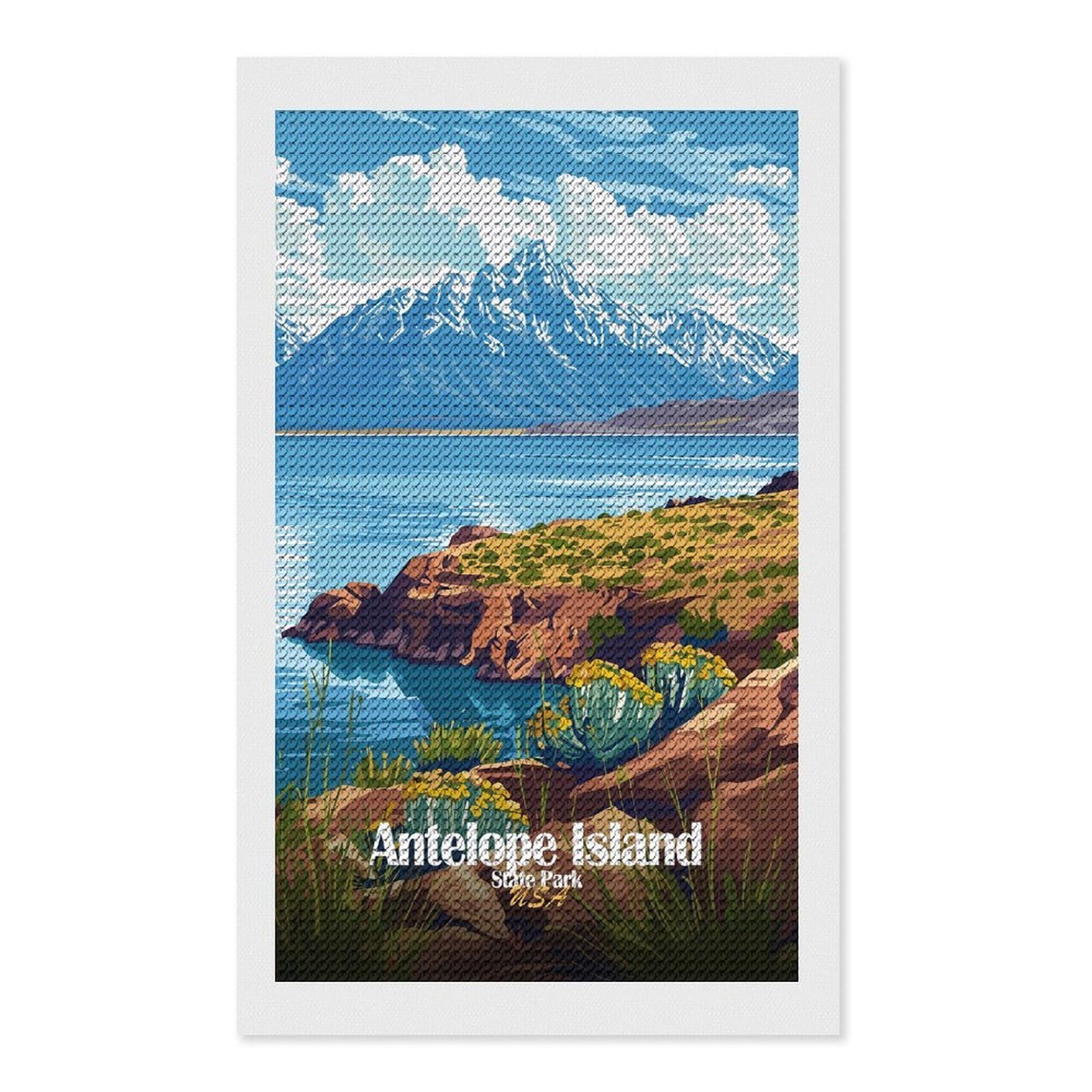Junmoney Antelope Island State Park Illustration DIY Diamond Art Canvas Kit 12"x20", Complete Accessories, Creative Leisure Activity, Home Wall Decor, Gift Idea