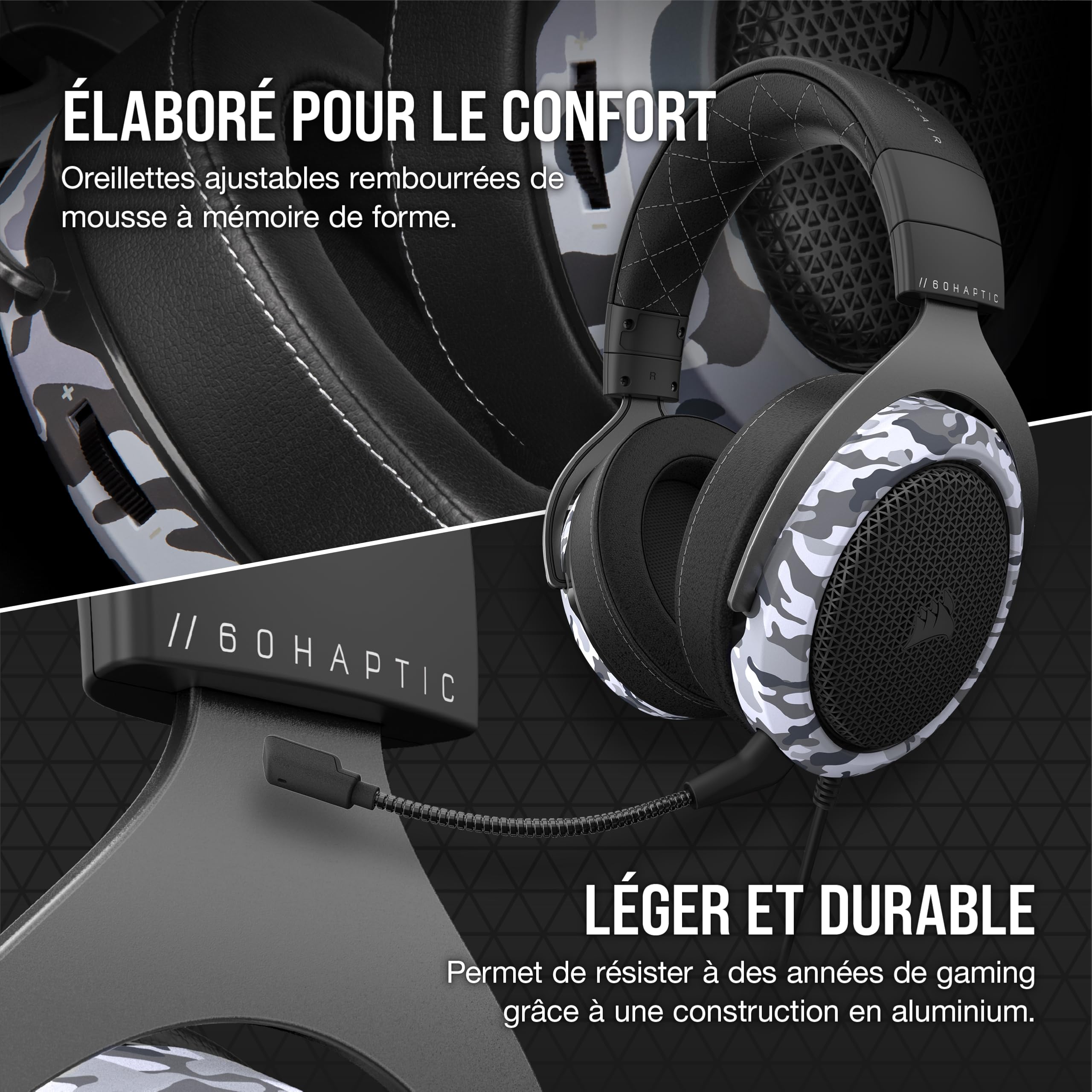 Corsair HS60 HAPTIC Casque Gaming Stéréo avec Basse Haptique (Basse Haptique Optimisée par Taction Technology, Oreillettes Rembourrées de Mousse à Mémoire, Microphone Amovible) Camo