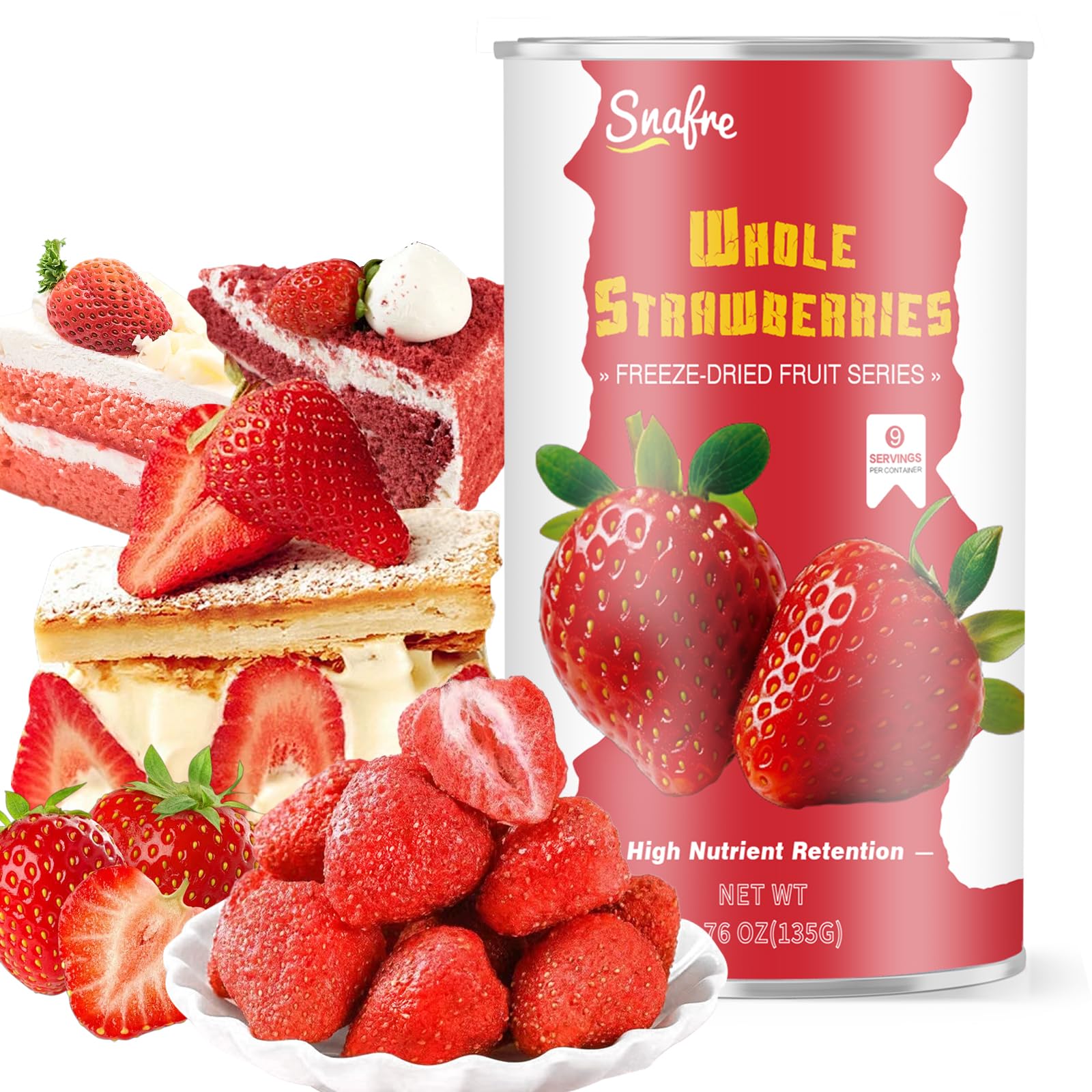Whole Freeze Dried Strawberries, Frozen Strawberries, 135G/4.76OZ Frozen Fruit, Freeze Dried Fruit, Natural for Beverages, Yogurt, Salad, Smoothie and Baking Whole Strawberries 4.76OZ