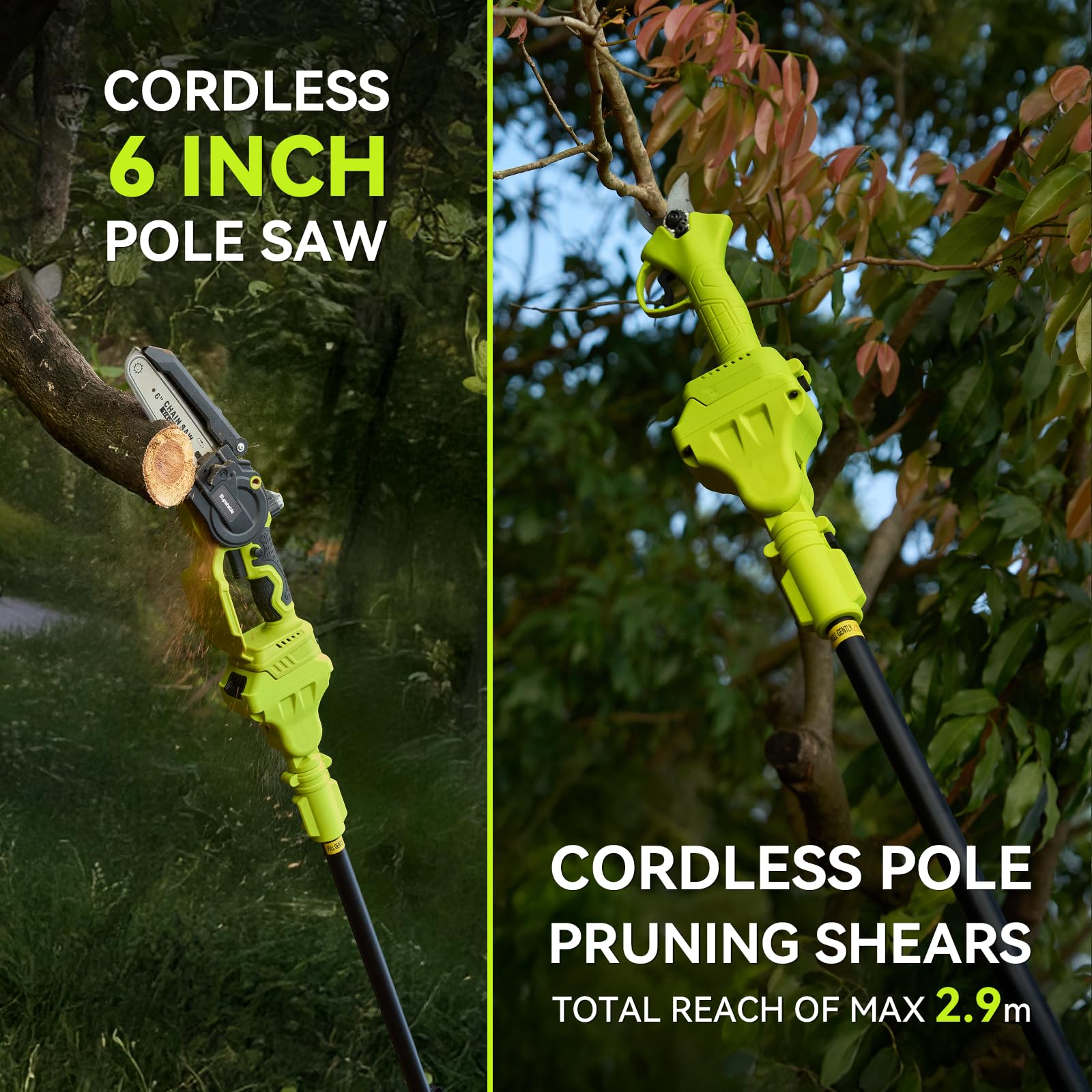 Supstable Mini Motosierra Telescopica 6 Pulgadas & Tijeras de Podar Eléctricas 33mm, 4 en 1 Kit de Herramientas con 8000 mAh Baterías, Alcance hasta 4,8 m, Tensión y Cambio de Cadena sin Herramientas