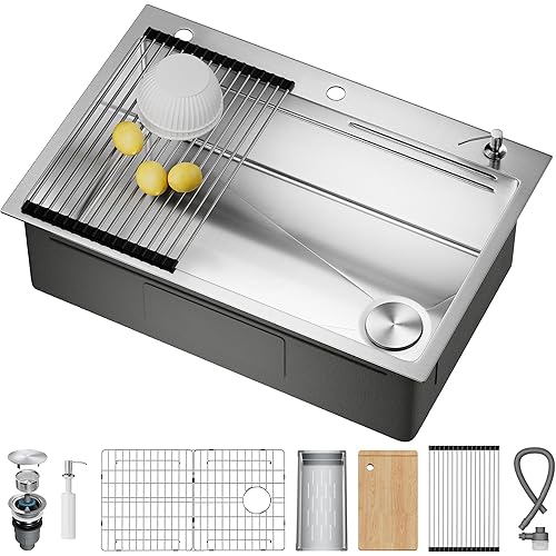 33X22 Drop In Kitchen Sink with Pop-Up Drain, Stainless Steel Workstation Sink, Upgraded Fast Drain & Anti-Clog, Topmount Single Bowl with kitchen Accessories, Foldable Grid for Easy Cleaning