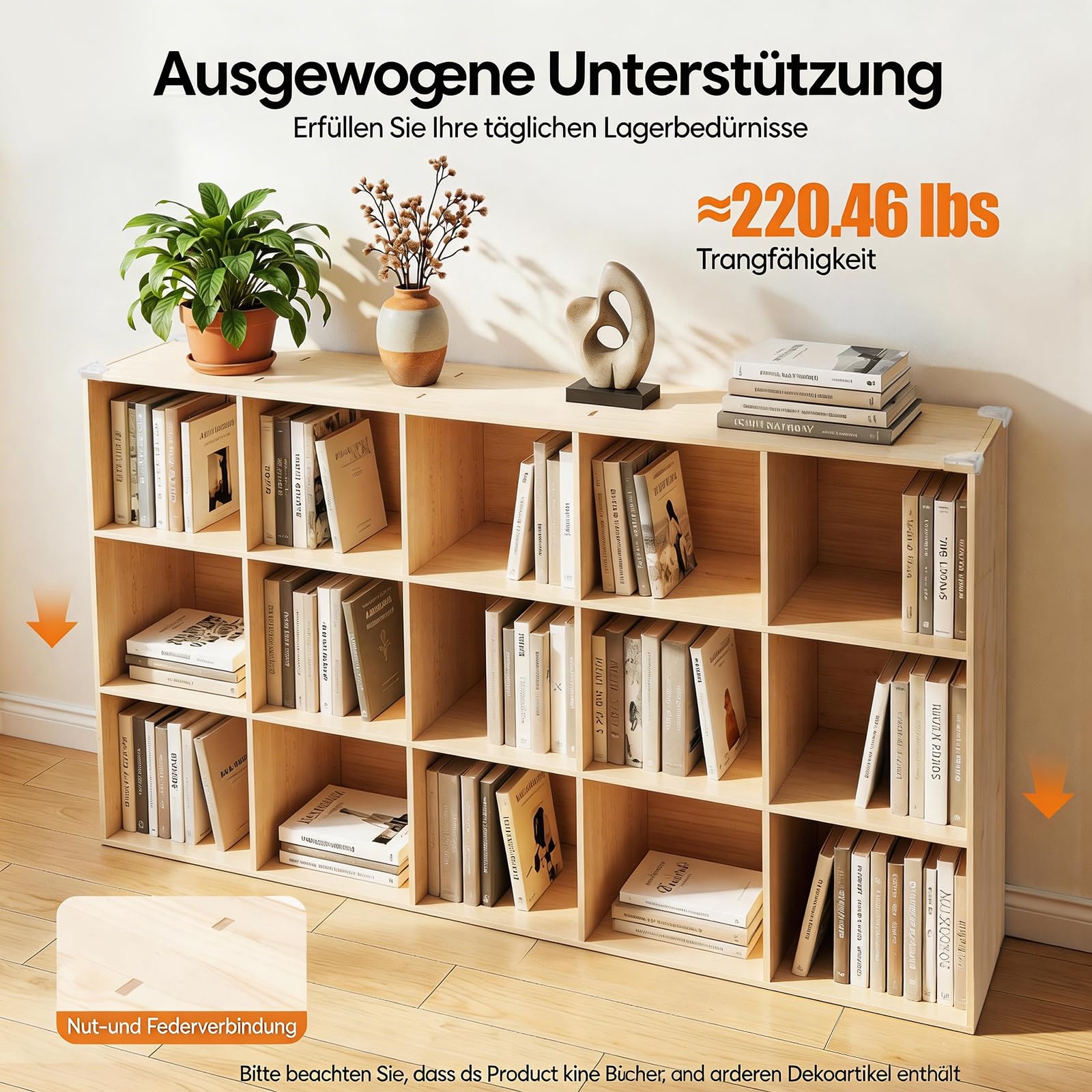 Bücherschrank aus Holz, Würfelregal aus Massivholz, Bücherregal, Büroregal, Standregal, Raumteiler, für Wohnzimmer, Schlafzimmer, Büro, Kinderzimmer, 150 x 30 x 90cm (15 Fächern)