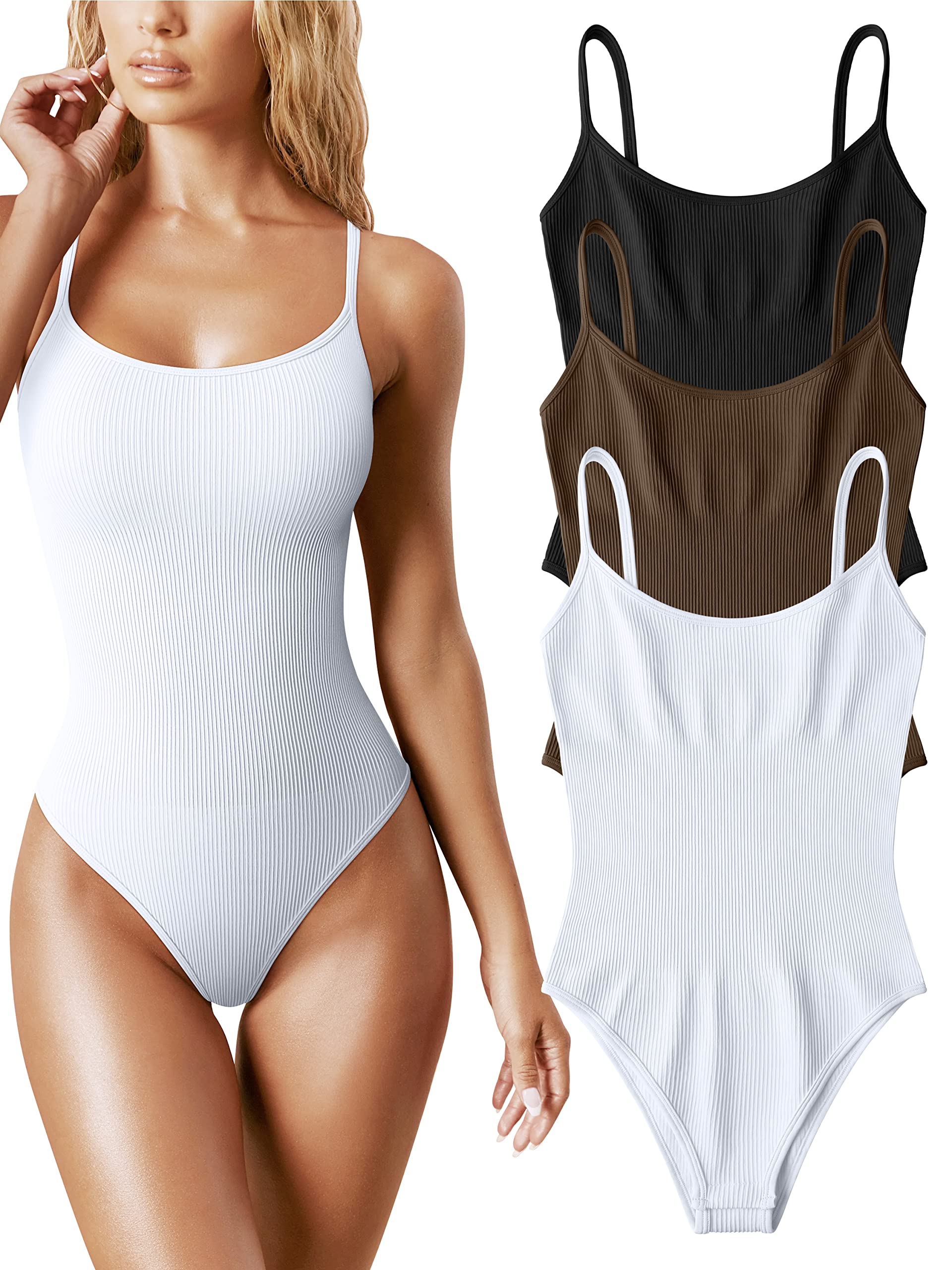 OQQ Women's 3 Piece Bodysuits Sexy Ribbed Sleeveless Adjustable Spaghetti Strip Tops Shapewear Bodysuits
