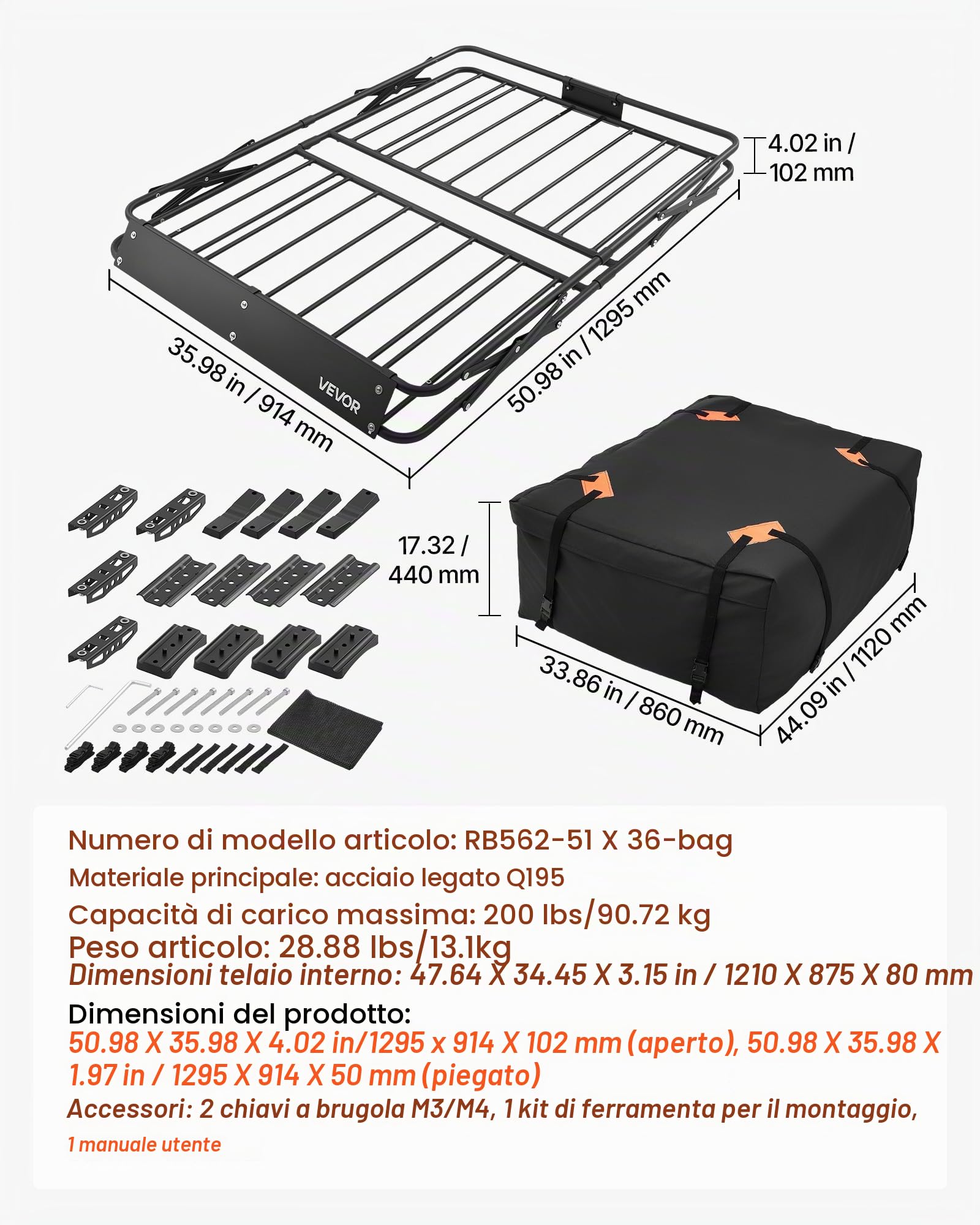 VEVOR Barra Portapacchi da Tetto da Auto, Portapacchi da Tetto per Auto 1295 x 914 x 102 mm Telaio Pieghevole a Forma di X, Carico max 90,72 kg Universale per SUV Furgoni, Campeggio, Viaggio, Pesca