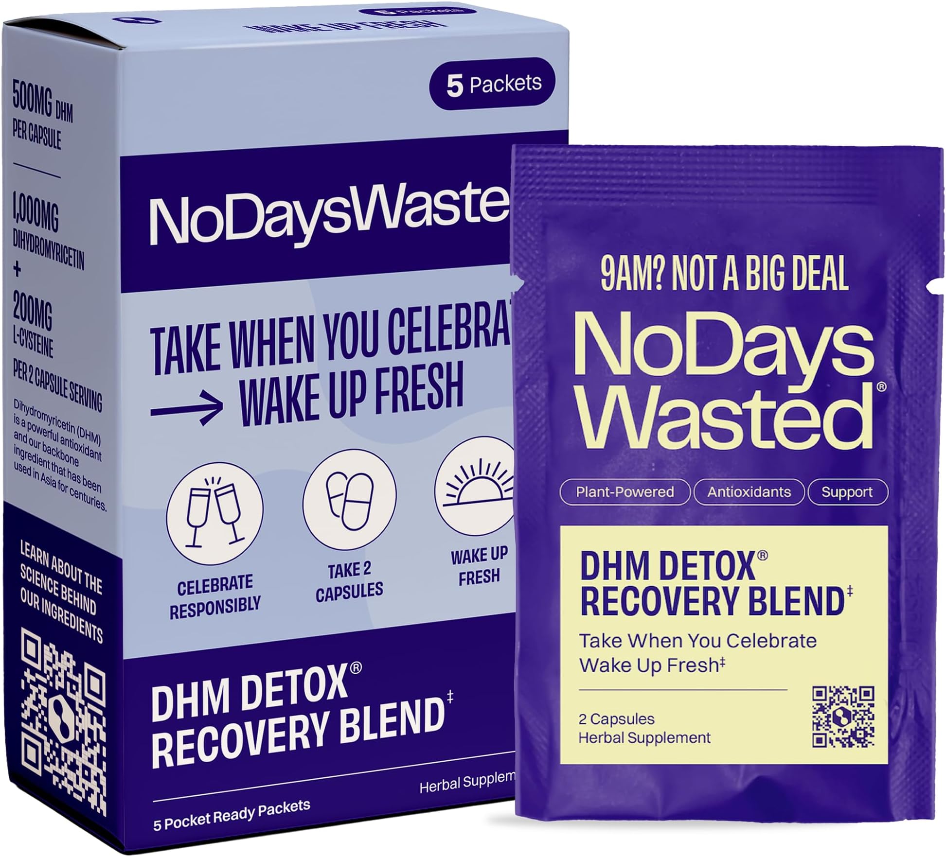 No Days Wasted DHM Detox 5 Portable Servings - Optimized Blend of DHM (Dihydromyricetin Supplement) and Vitamins to Take During Evening for Better Next Day and Recovery