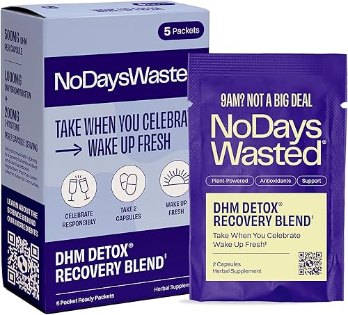 No Days Wasted DHM Detox 5 porciones portátiles, mezcla optimizada de DHM (suplemento de dihidromiricetina) y vitaminas para tomar durante la noche