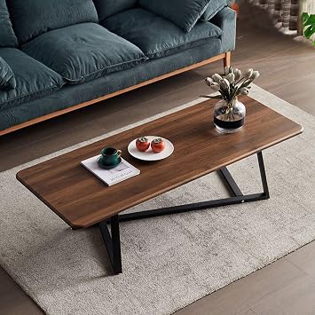 Rectangular Coffee Table, Living Room Tables, Center Table with Black Metal Frame, Suitable for Living Room Bedroom OfficeBrown,140cm/55in