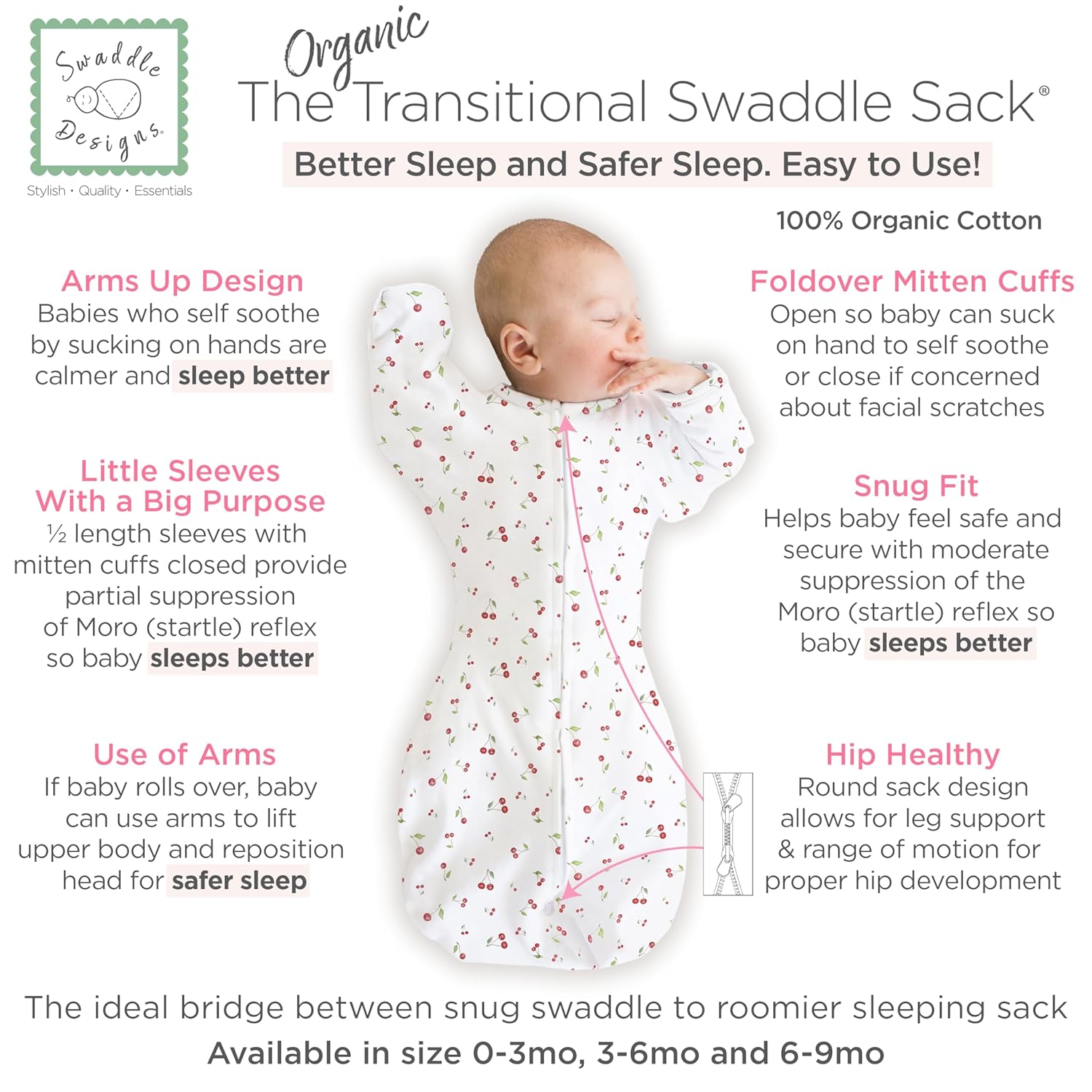 SwaddleDesigns Organic Transitional Swaddle Sack, Arms Up Swaddle with Half-Length Sleeves & Mitten Cuffs, Large, 6-9 Months, 21-24 lbs, Watercolor Little Cherries
