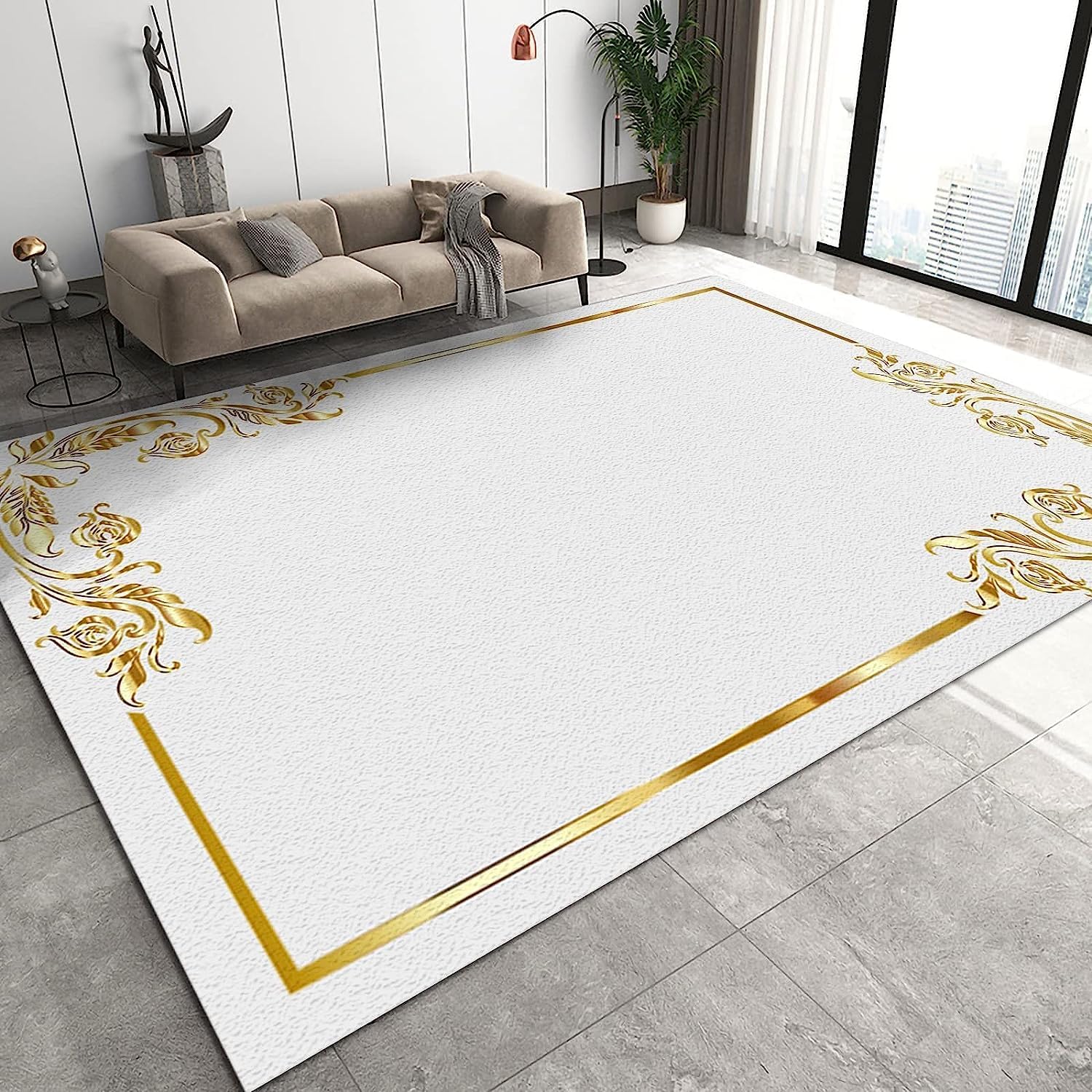 Dywaniki do salonu i sypialni, 119 x 170 cm, super miękka flanela, antypoślizgowe, antypoślizgowe, złote kwiatowe paski, zmywalne, dywany do sypialni, pokoju dziecięcego i niemowlęcego