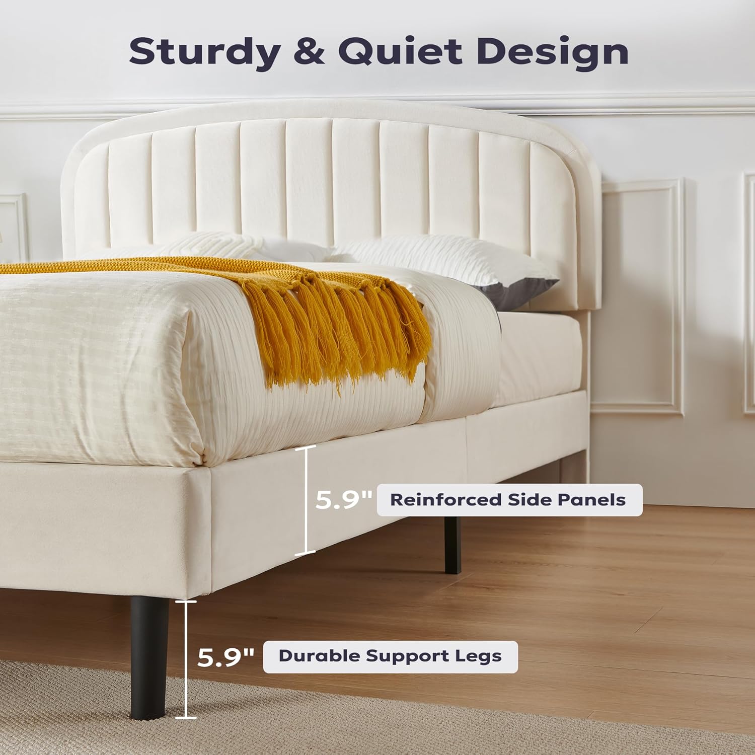 Queen Bed Frame, Soft Bedframe with Rounded Corners, Upholstered Velvet Fabric Platform Bed Frame with Round Headboard, Modern Style, No Box Spring Required, Easy Assembly, Beige