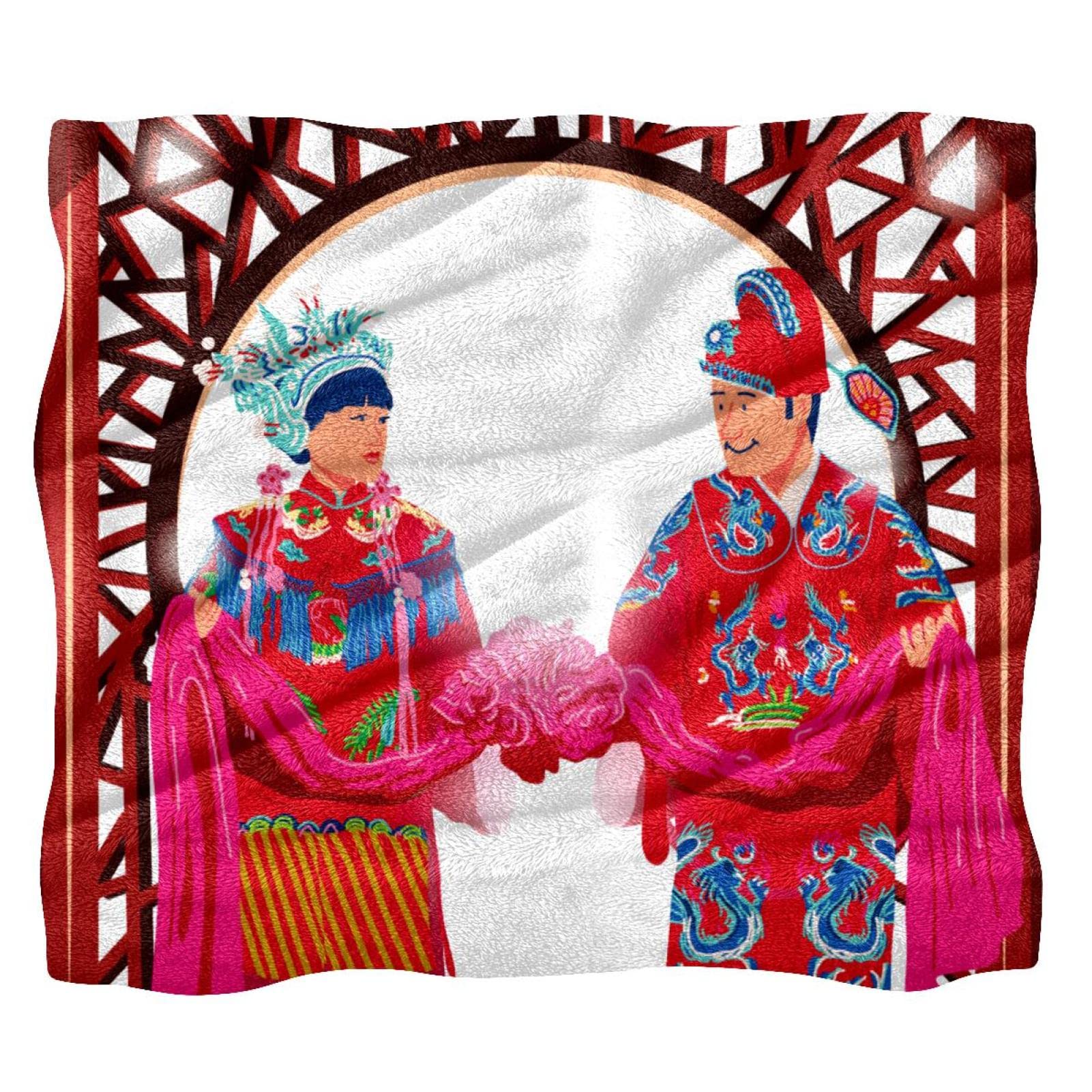 Fleece Throw Blanket Traditional Chinese Wedding for Couch Sofa or Bed Cozy Soft Blankets