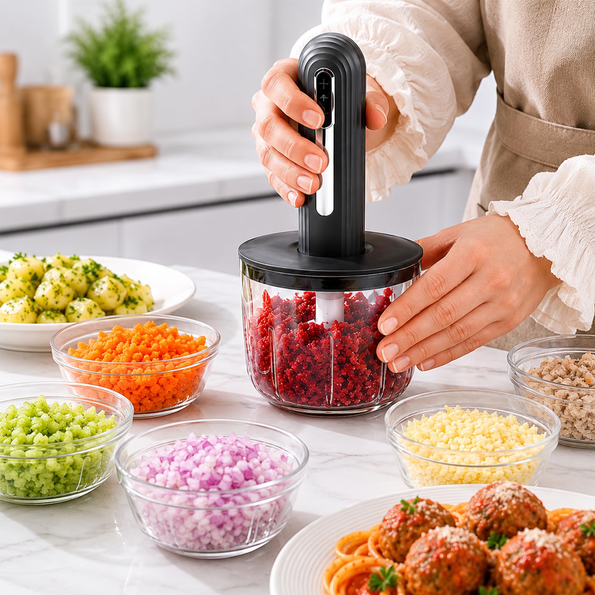 USB Rechargeable Electric Food Chopper with 4 Bowl (400ml + 3x200ml) | Portable Mini Vegetable Chopper | One-Touch Garlic, Onion, Ginger, Chili & Meat Grinder | Type-C Charging | Stainless Steel Blade-image-37