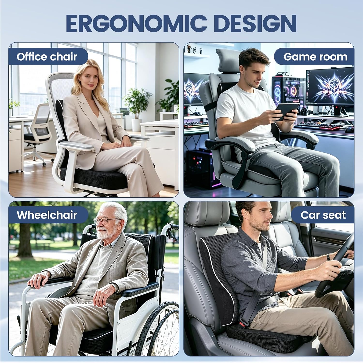 Memory Foam Seat Cushion for Office Chair and Car Seat | Sciatica & Hip & Coccyx Pain Relief Desk Chair Cushion for Long Sitting Office Workers, Car Drivers, Wheelchair, Home