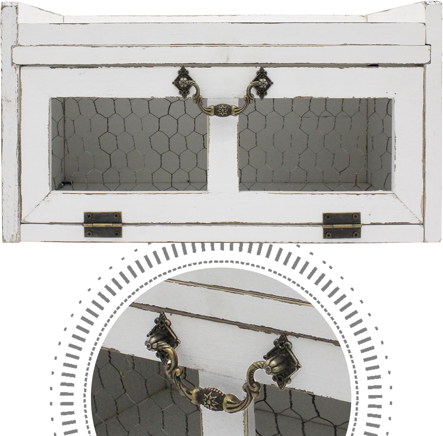 Farmhouse Countertop Storage Organizer, Rustic Wood Kitchen Cabinet with Chicken Wire, Kitchen Pantry Display Shelf, Country Vintage Style. Distress White