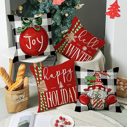 Miniatura 5 de Juego de 4 fundas de almohada de Navidad de 18 x 18 pulgadas, para decoración navideña, diseño de búfalo rojo y negro, a cuadros de invierno, para
