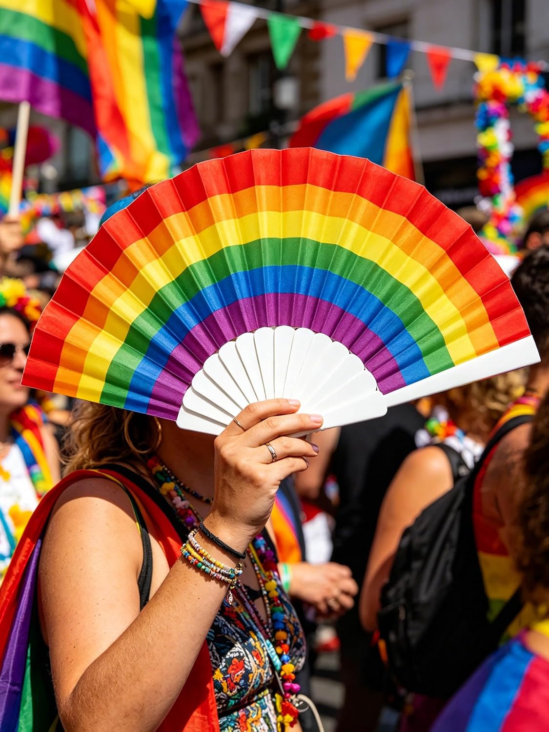 12 Pack Rainbow Folding Fans Pride Decorations Pride Fan Gay Lesbian Wedding Pride Decor LGBT Pride Month Parade Accessories Party Favors Stuff Hand Fans for Women Men, Horizontal Rainbow White