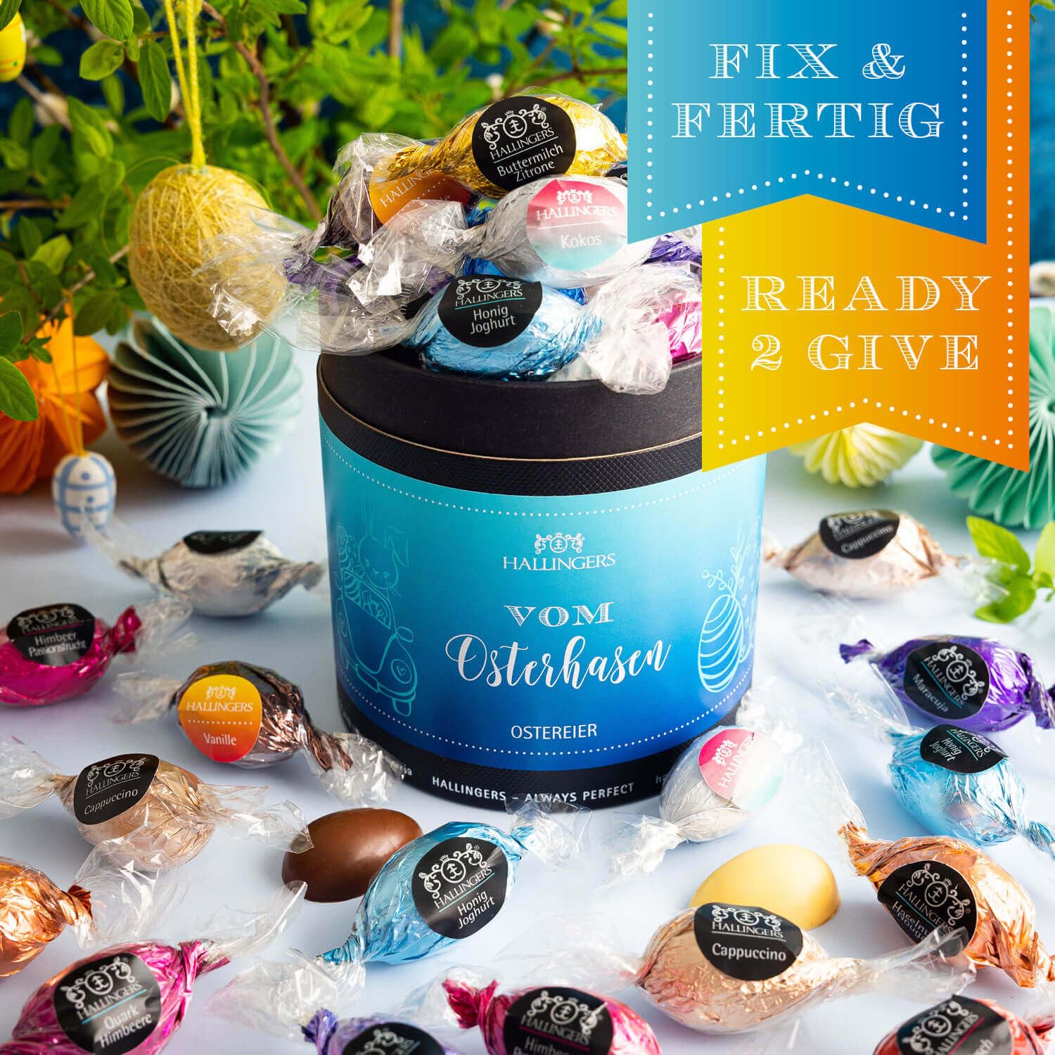 Hallingers Genuss Manufaktur Pralinen-Osterei Oster-Geschenk - ohne Alkohol, handmade aus Edelkakao in wertiger XXL-Geschenkdose "Vom Osterhasen", Ostern Körbchen für Frauen Männer