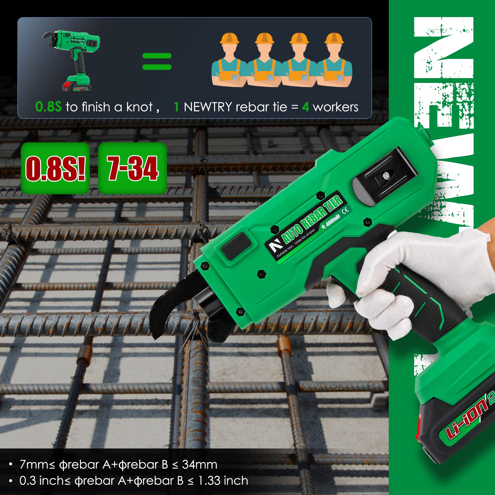 NEWTRY Automatic Rebar Tie Gun Pro 7-34mm Rebar Tier Tying Machine 0.3’’-1.33’’ Steel Bar Tie Tool with 2 Rechargeable Batteries 2000mAh 21V