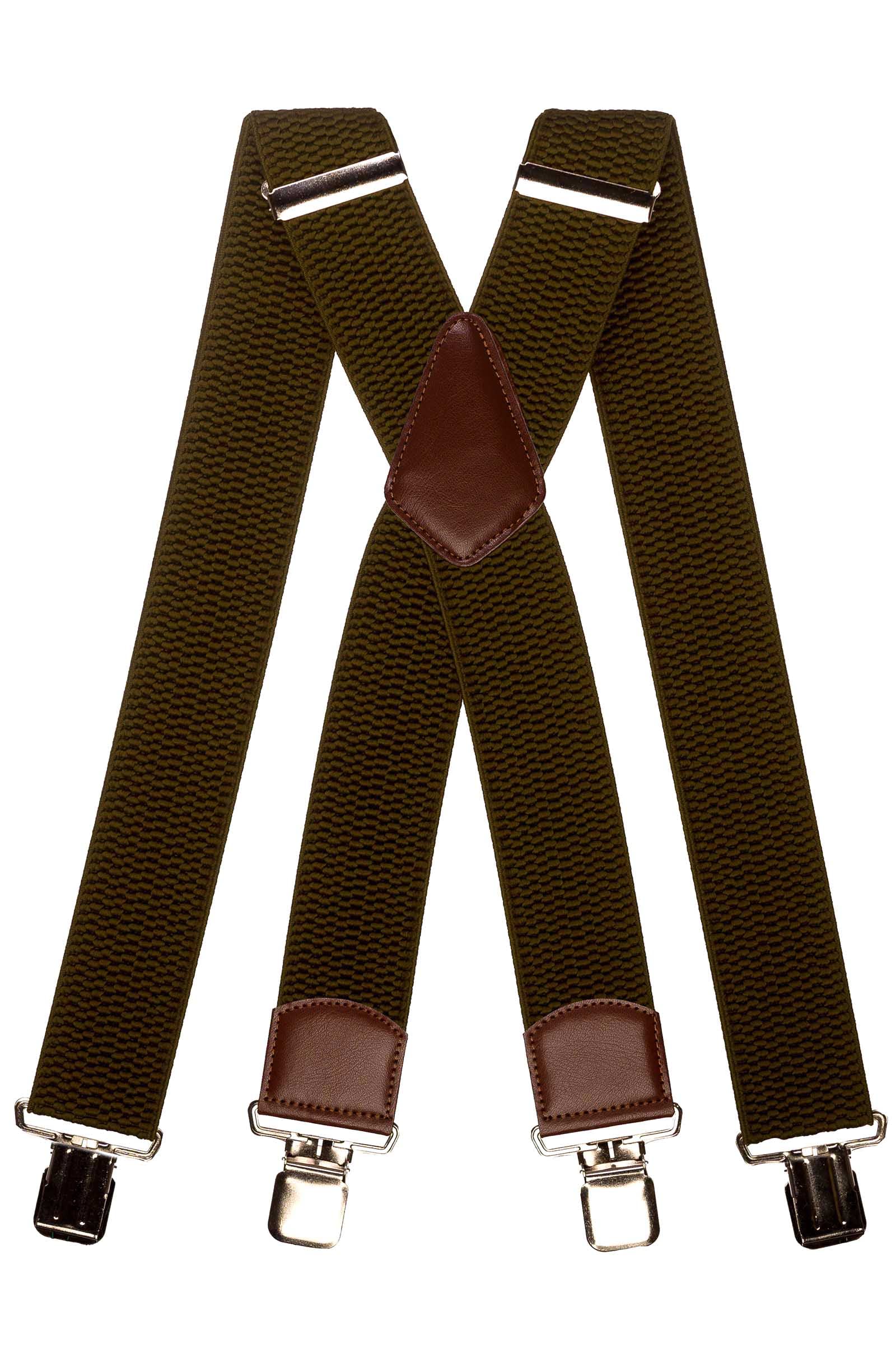 Olata Men's Extra Wide Heavy Duty X-Shape Braces/Suspenders with Brown Leather - 5cm. Olive Green